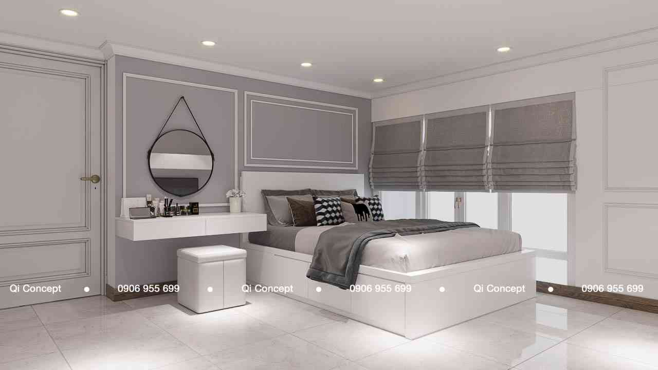 Phòng ngủ tông xám trắng với giường bục thông minh trong thiết kế căn hộ Phú Hoàng Anh.