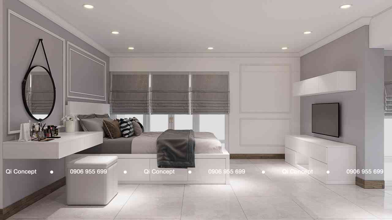 Kệ tivi treo tường tối giản cho phòng ngủ nhỏ trong dự án thiết kế căn hộ Phú Hoàng Anh.