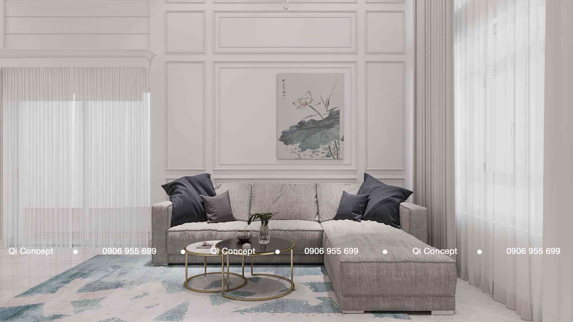 Phòng khách phong cách Tân cổ điển với sofa chữ L trong thiết kế căn hộ Phú Hoàng Anh.