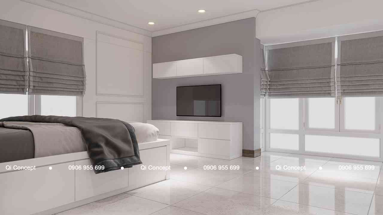 Phòng ngủ tối giản với giường bục và rèm roman trong dự án thiết kế căn hộ Phú Hoàng Anh.