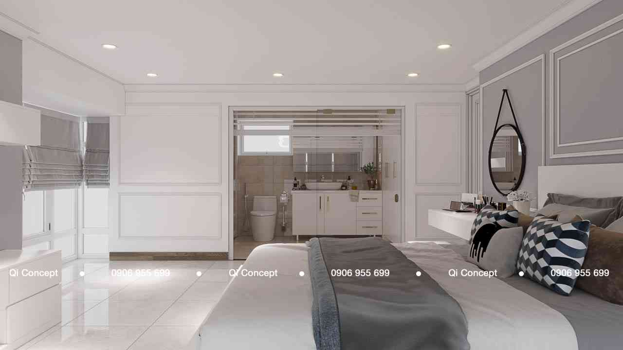 Phòng ngủ master tông trắng xám thanh lịch kết nối phòng tắm trong thiết kế căn hộ Phú Hoàng Anh.