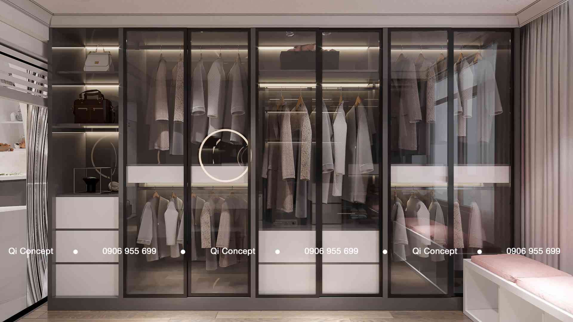 Tủ quần áo cánh kính lùa hiện đại tích hợp đèn LED của mẫu thiết kế căn hộ Phú Hoàng Anh.