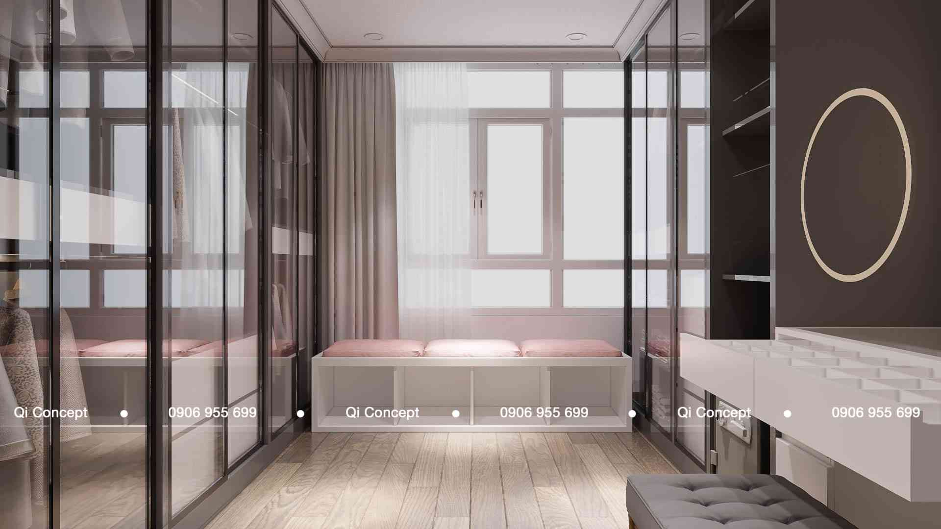 Phòng thay đồ sang trọng với hệ tủ kính trong suốt trong thiết kế căn hộ Phú Hoàng Anh.