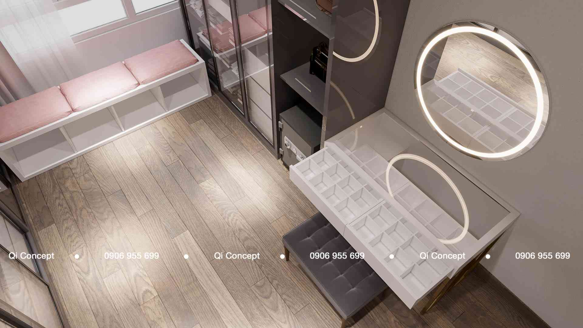 Bàn trang điểm thông minh với ngăn chia ô tiện lợi trong thiết kế căn hộ Phú Hoàng Anh.