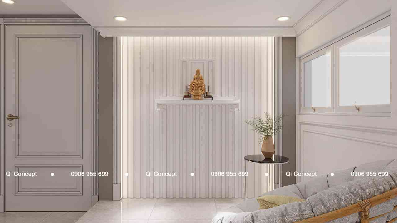 Góc thờ cúng trang nghiêm được thiết kế hài hòa trong tổng thể thiết kế căn hộ Phú Hoàng Anh.