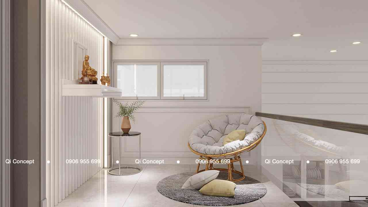 Ghế thư giãn hình tròn đặt tại sảnh tầng lửng trong thiết kế căn hộ Phú Hoàng Anh.