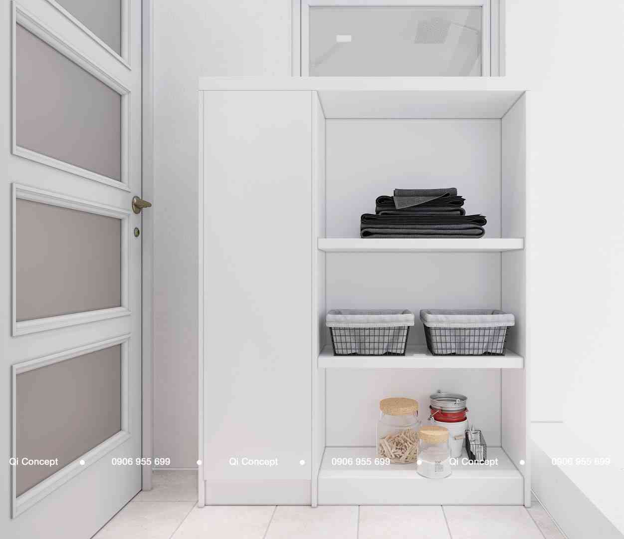 Tủ kệ lưu trữ đồ dùng tiện ích tại khu vực hành lang thiết kế căn hộ Phú Hoàng Anh.