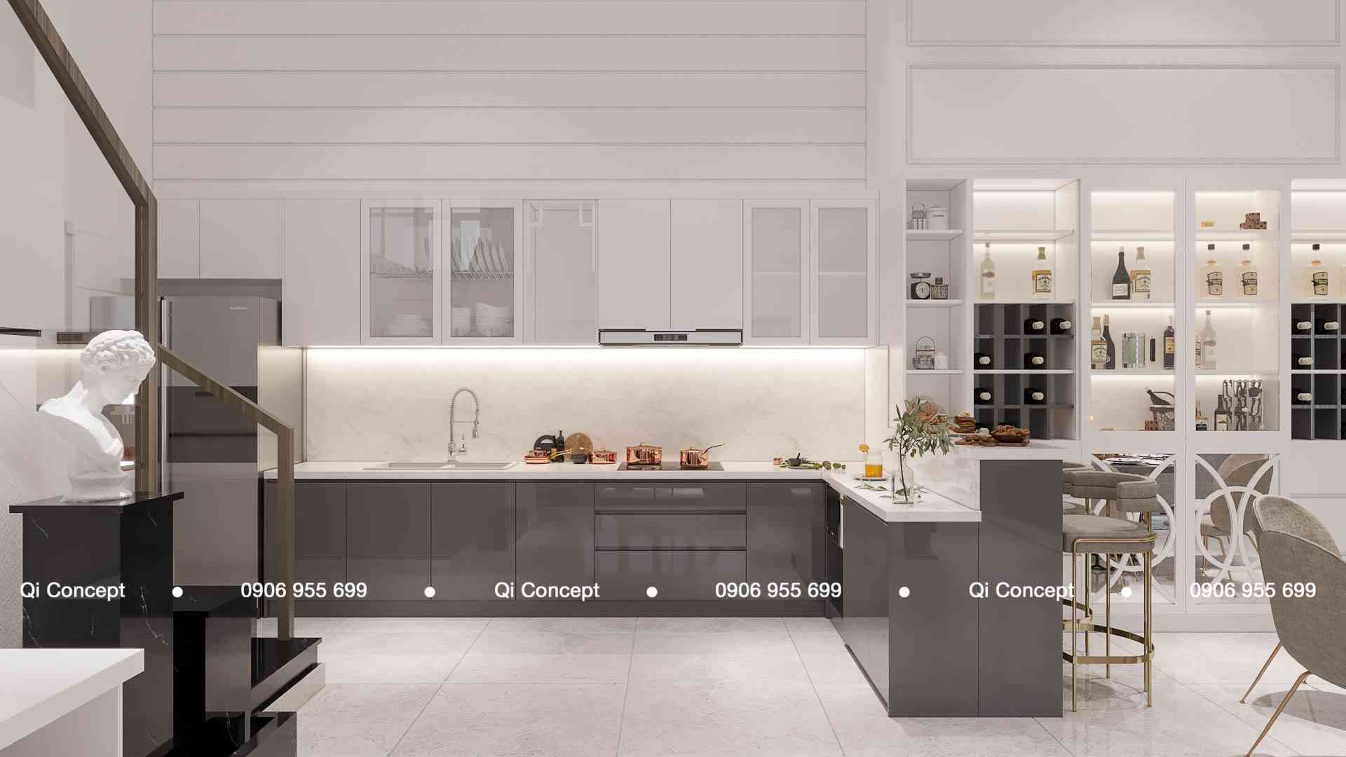 Hệ tủ bếp chữ L hiện đại tông màu trắng xám trong thiết kế căn hộ Phú Hoàng Anh.