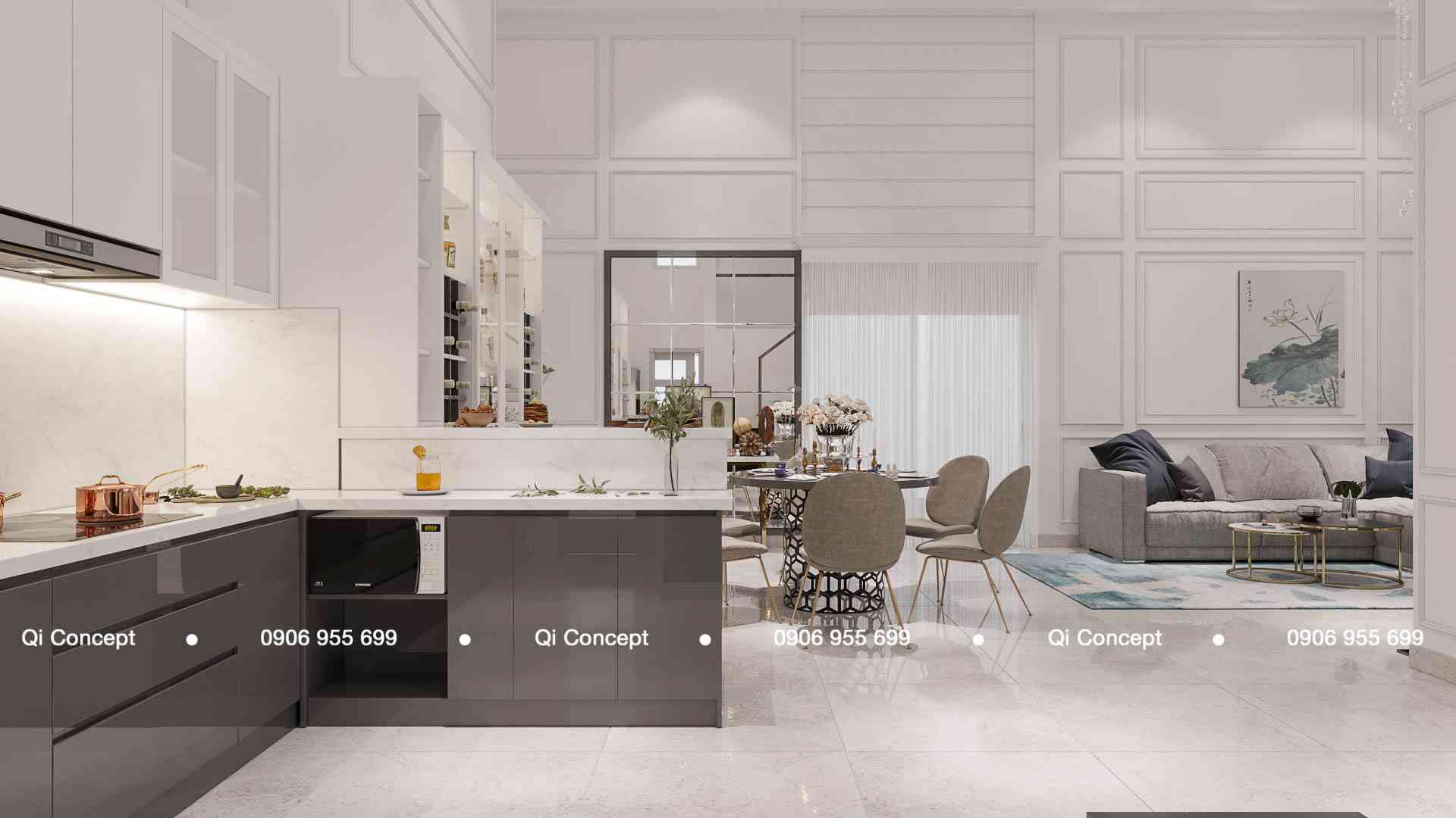 Bố trí nội thất không gian mở hài hòa giữa các khu vực trong thiết kế căn hộ Phú Hoàng Anh.