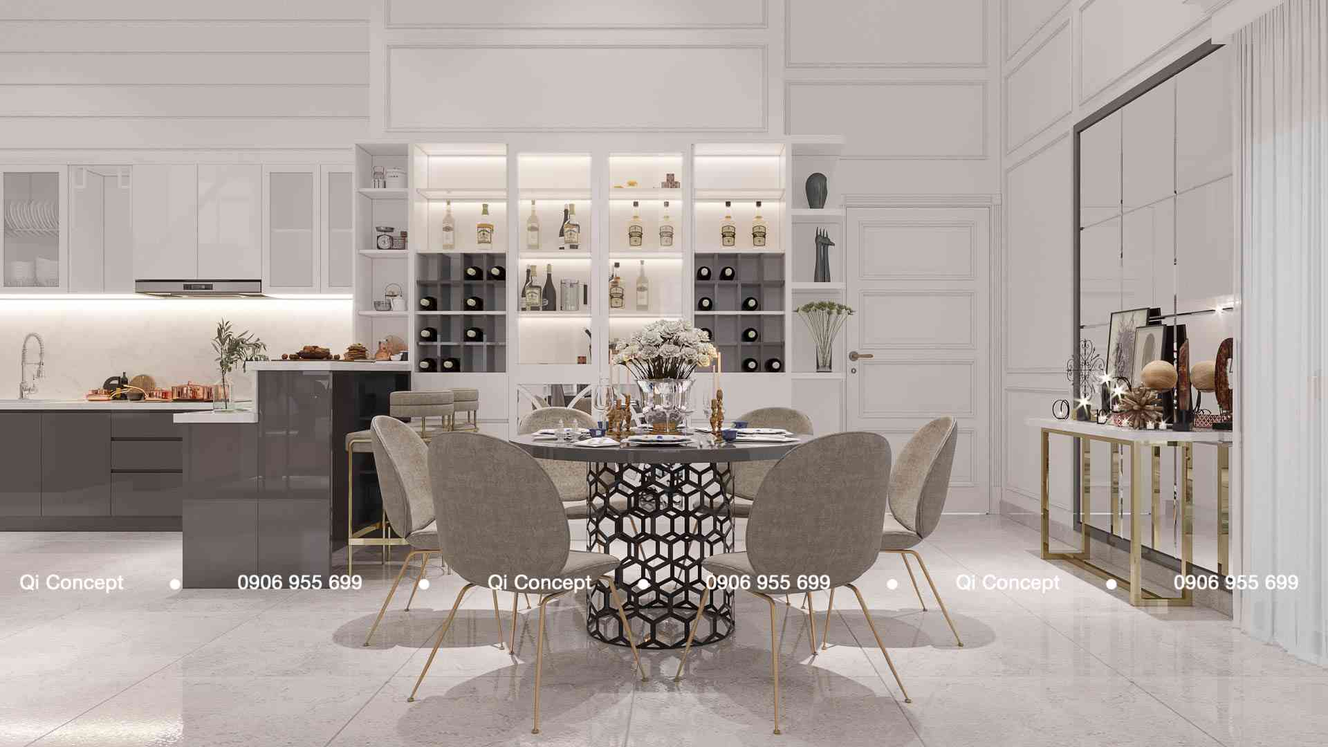 Hệ tủ rượu trưng bày kết hợp bàn ăn tròn sang trọng trong thiết kế căn hộ Phú Hoàng Anh.