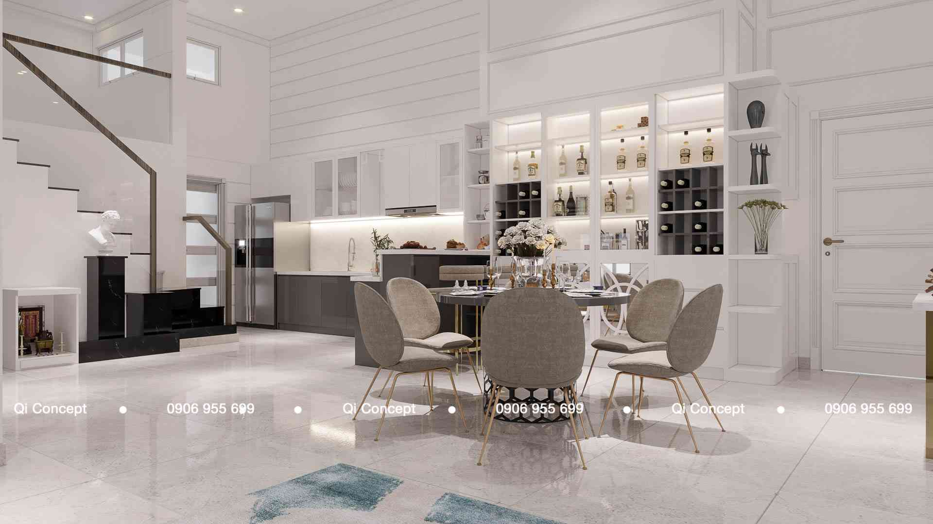 Góc nhìn từ phòng ăn ra khu vực bếp và cầu thang trong thiết kế căn hộ Phú Hoàng Anh.