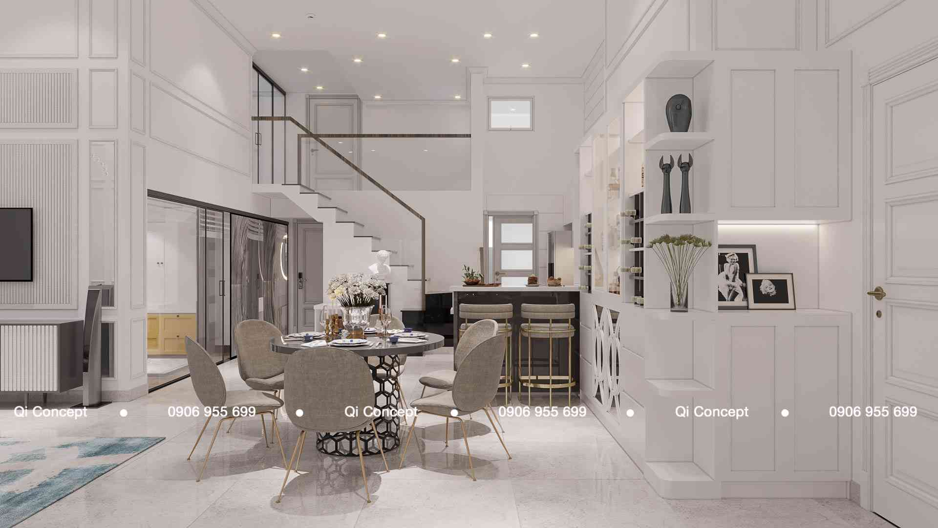 Không gian thông tầng Duplex ấn tượng nhìn từ bàn ăn trong thiết kế căn hộ Phú Hoàng Anh.