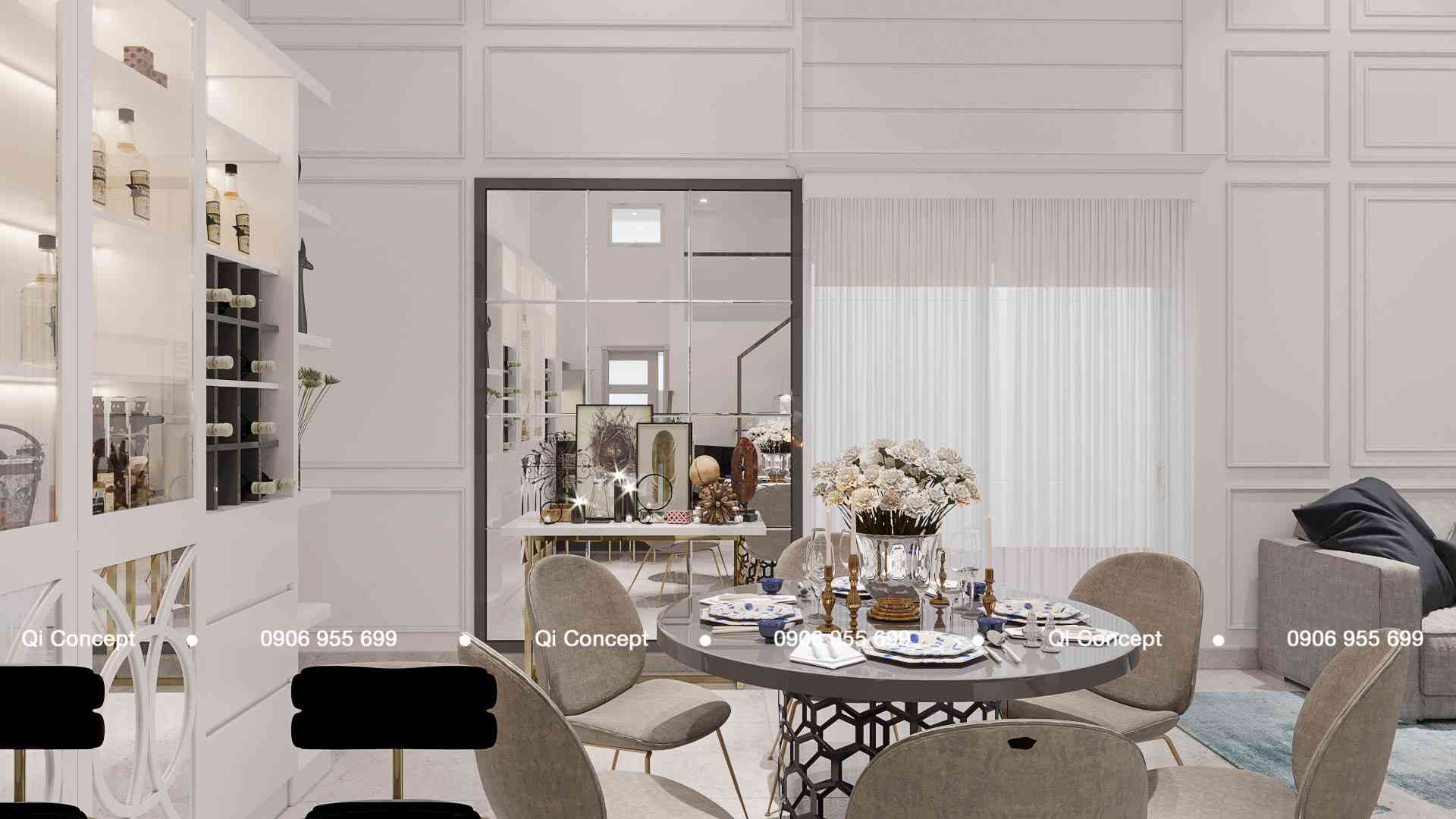 Sử dụng vách gương lớn trang trí phòng ăn trong mẫu thiết kế căn hộ Phú Hoàng Anh.