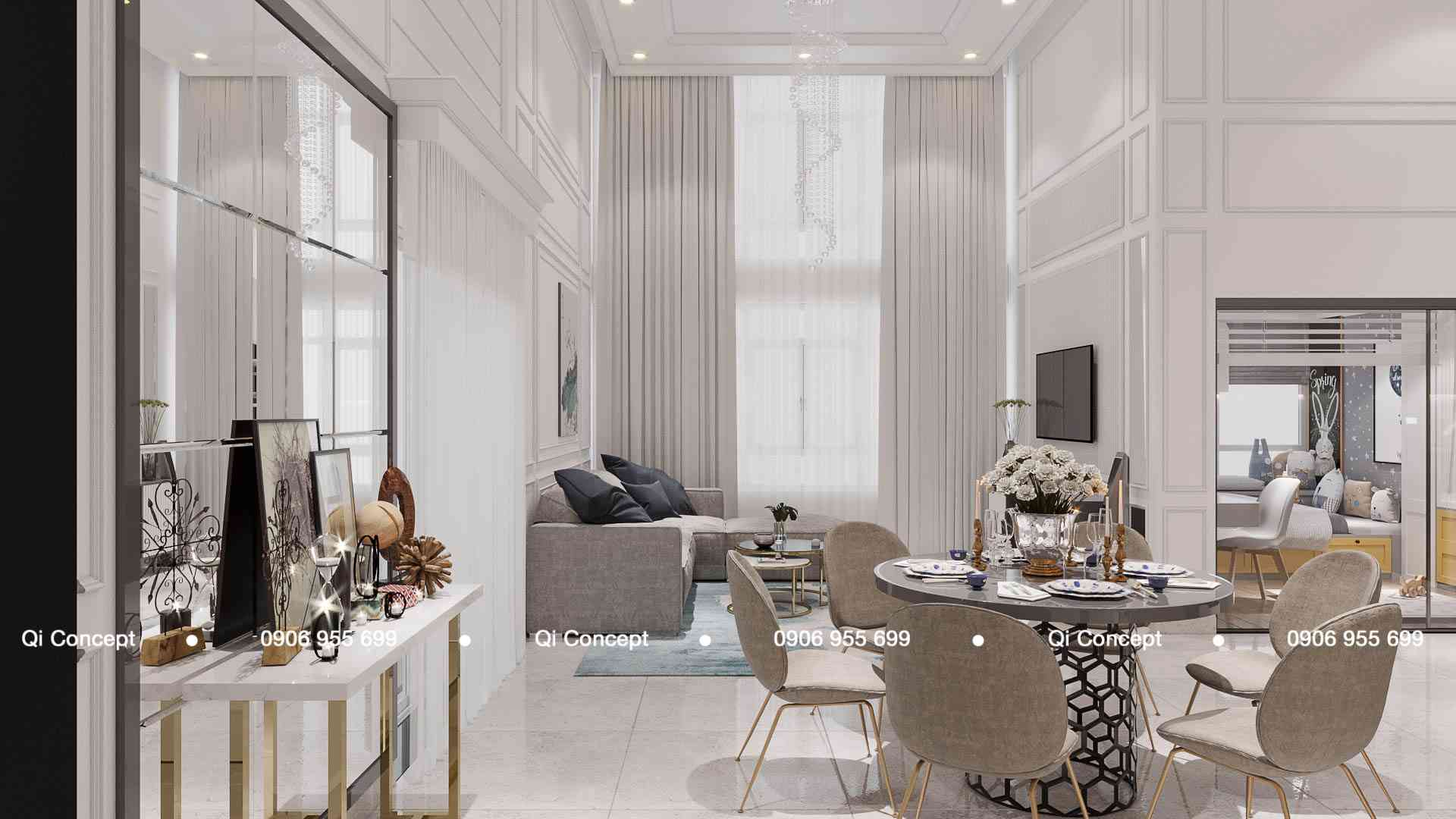 Tổng thể không gian phòng khách thông tầng thoáng đãng trong thiết kế căn hộ Phú Hoàng Anh.