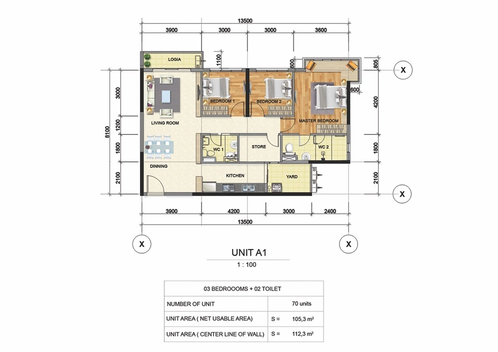 Mặt bằng điển hình căn hộ 3 phòng ngủ