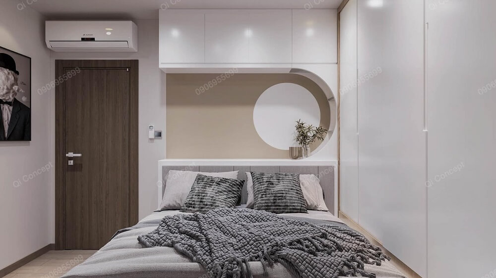 Phòng ngủ của gia chủ thiết kế hiện đại với tone màu trắng - xám - be