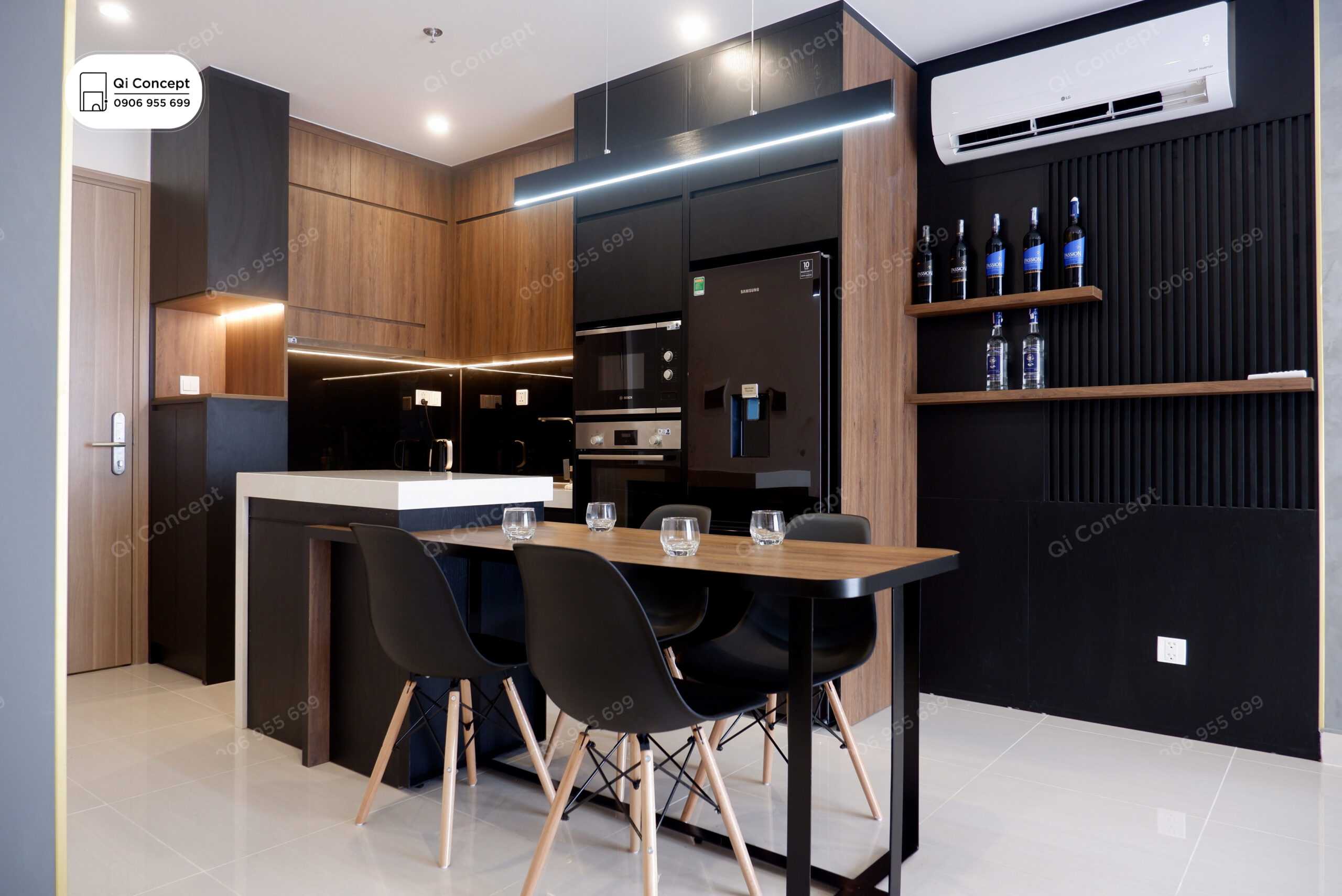 Thực tế thi công tủ bếp và bàn ăn liên thông.