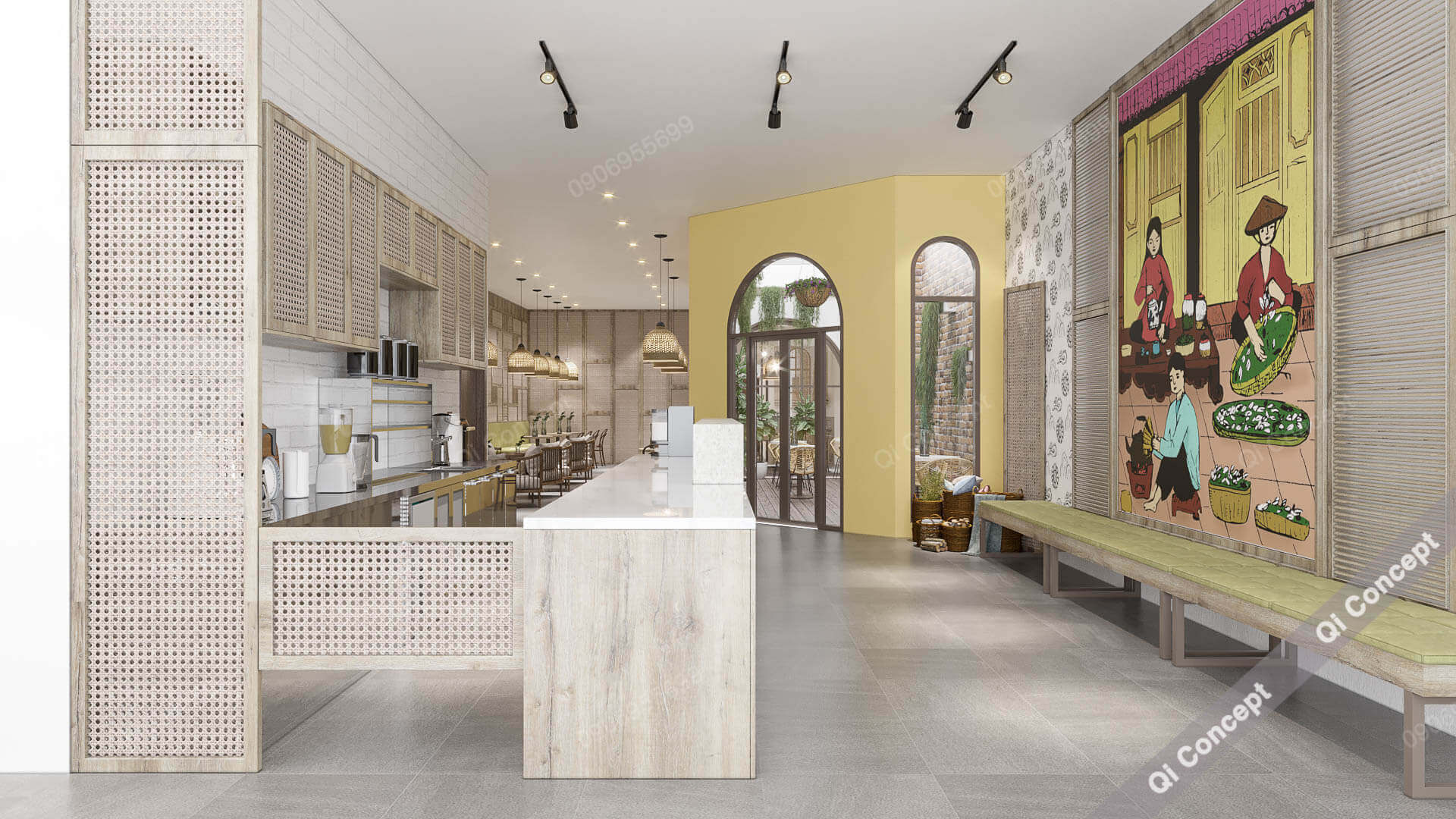 Mẫu thiết kế nội thất quán cafe/trà sữa Hoa Hướng Dương mang dấu ấn riêng do Qi Concept thực hiện