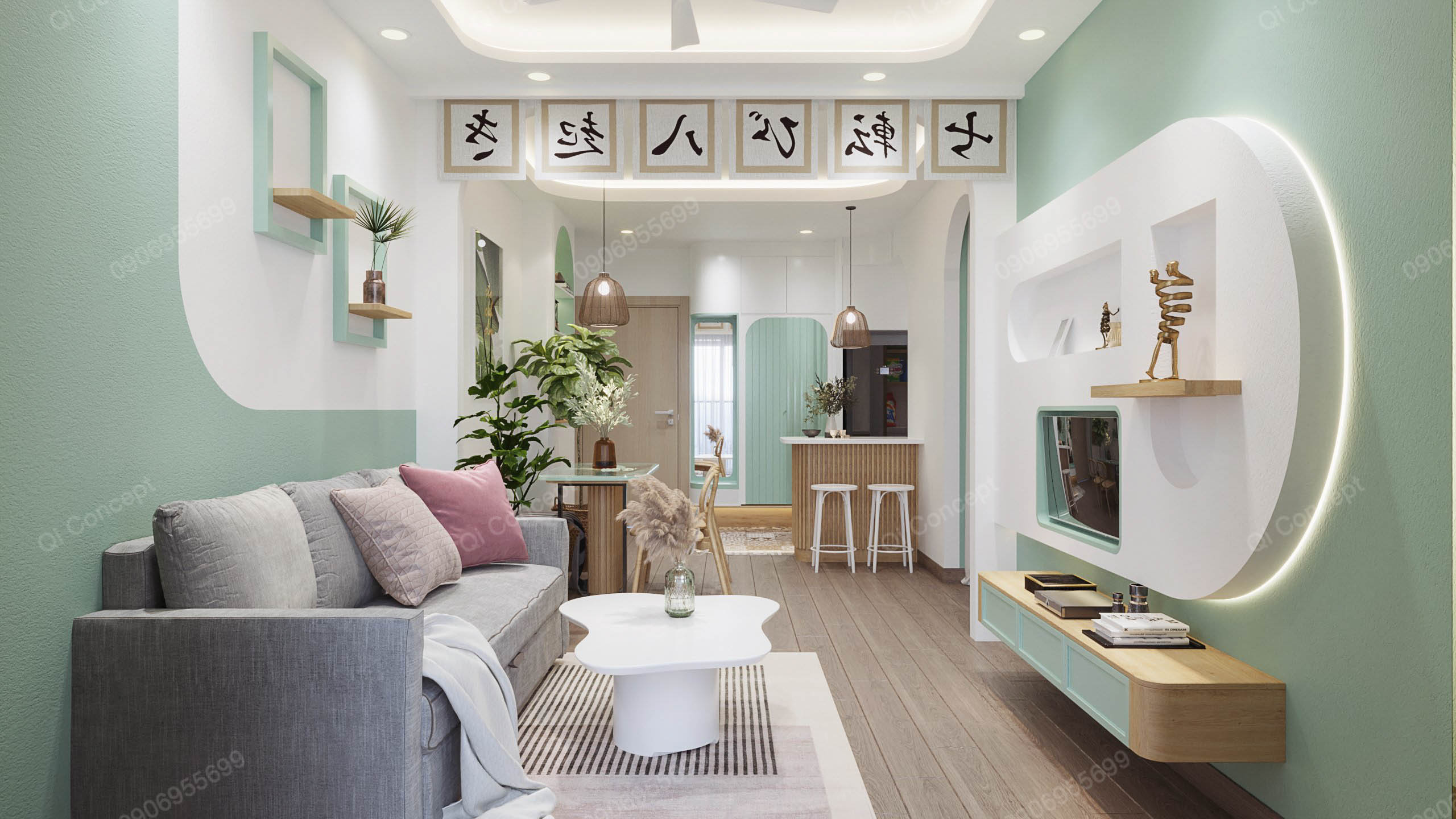 Mẫu thiết kế nội thất căn hộ 1 phòng ngủ với phòng khách màu xanh pastel.