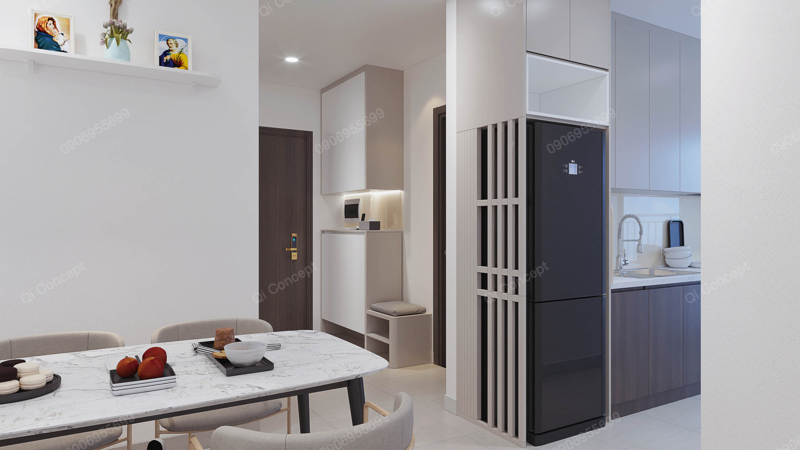 Khu vực bếp và bàn ăn trong mẫu thiết kế nội thất căn hộ 1 phòng ngủ.