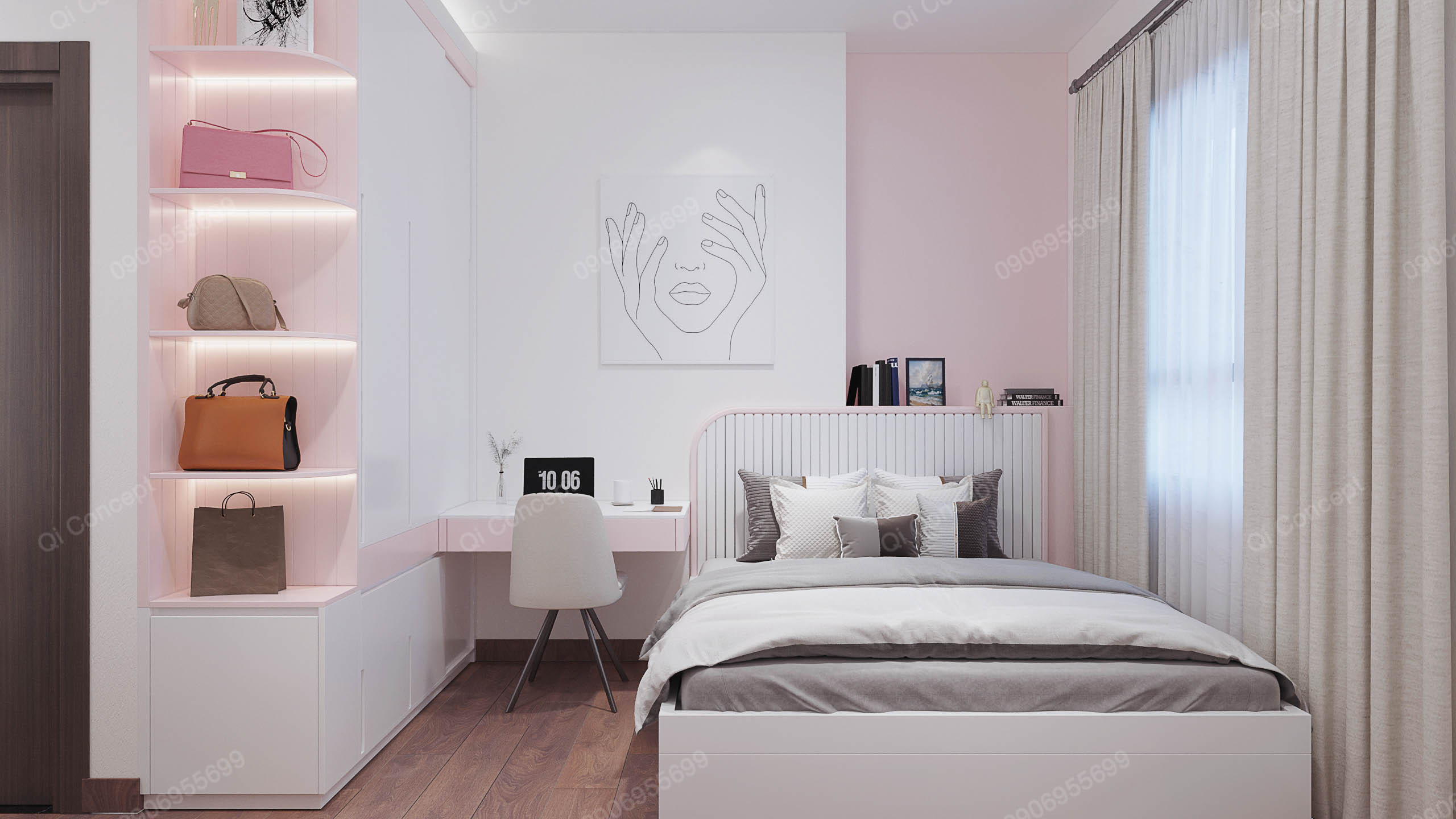 Mẫu thiết kế nội thất căn hộ 1 phòng ngủ với phòng ngủ màu hồng.