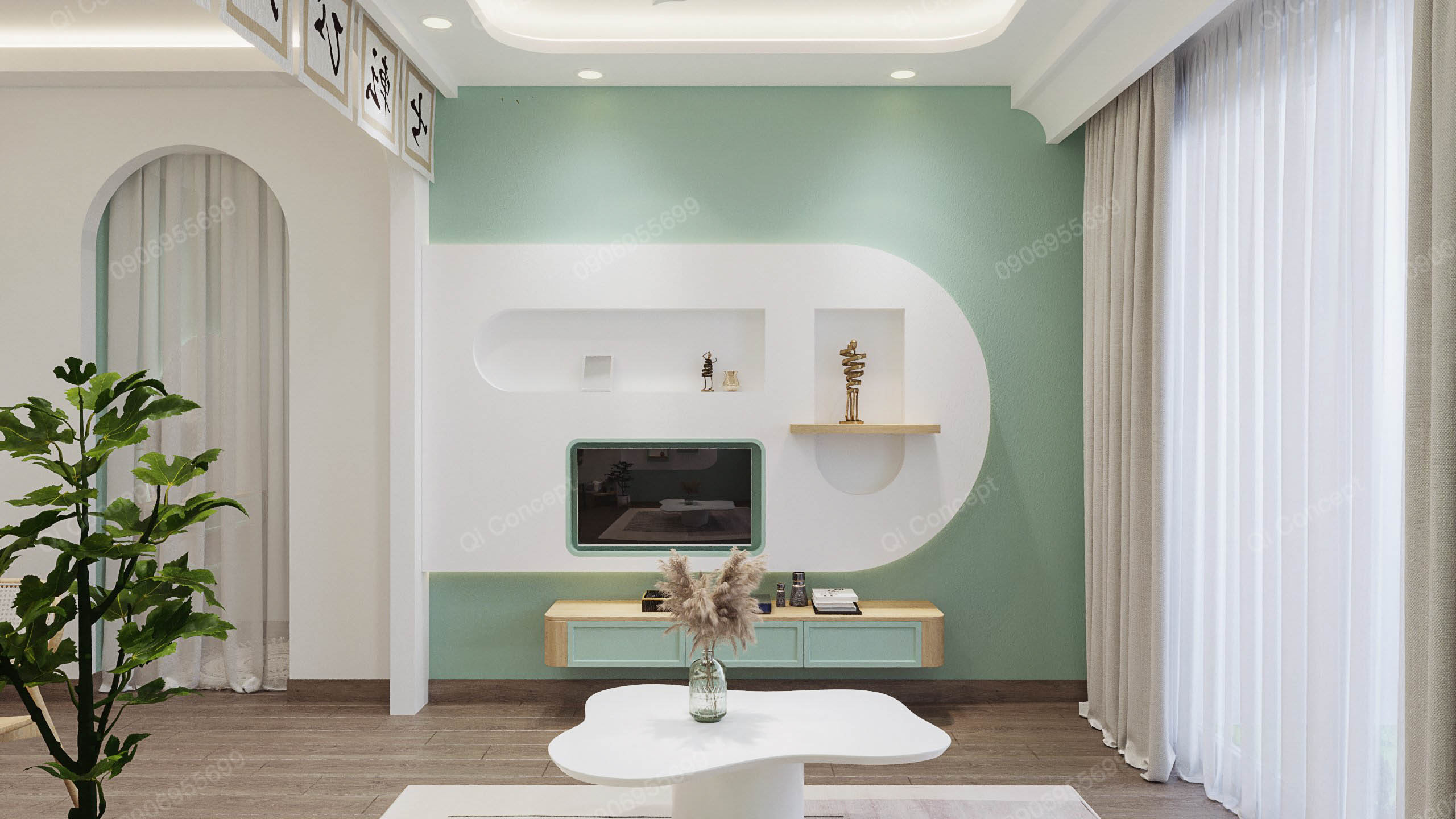 Kệ tivi trong mẫu thiết kế nội thất căn hộ 1 phòng ngủ.