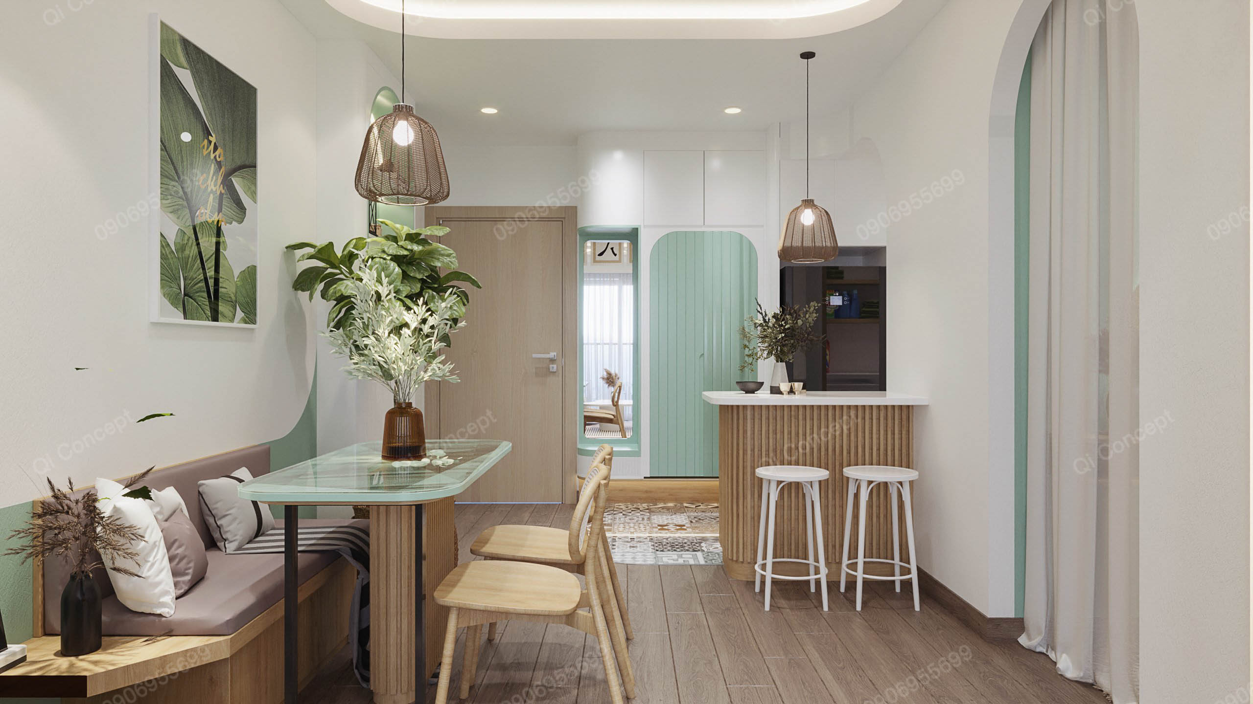 Khu vực bàn ăn trong mẫu thiết kế nội thất căn hộ 1 phòng ngủ.