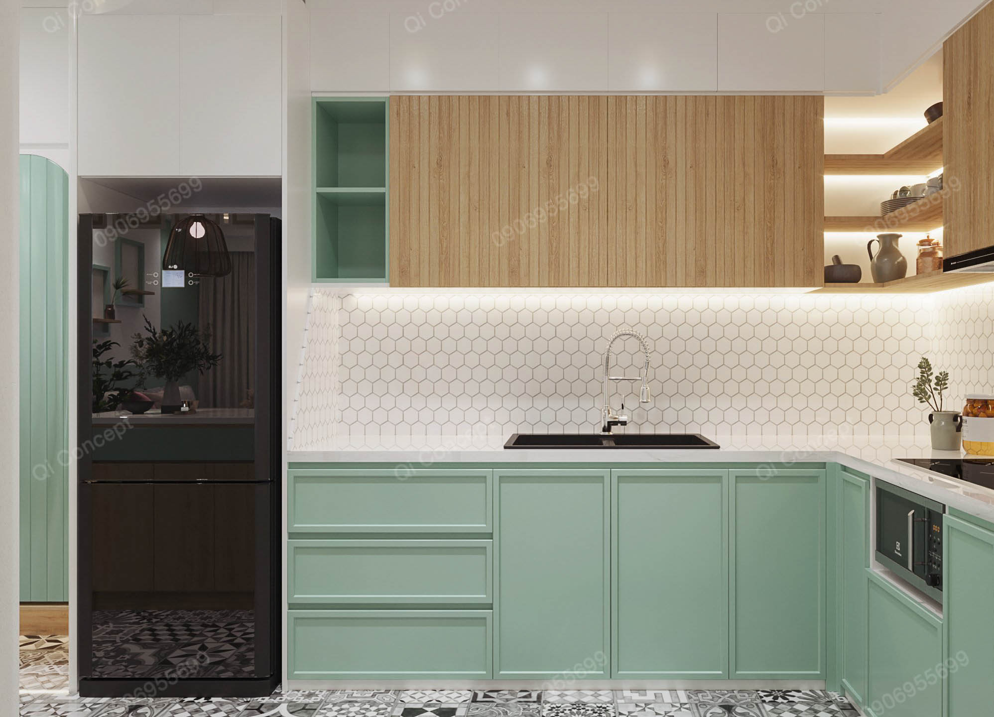 Khu bếp trong mẫu thiết kế nội thất căn hộ 1 phòng ngủ.