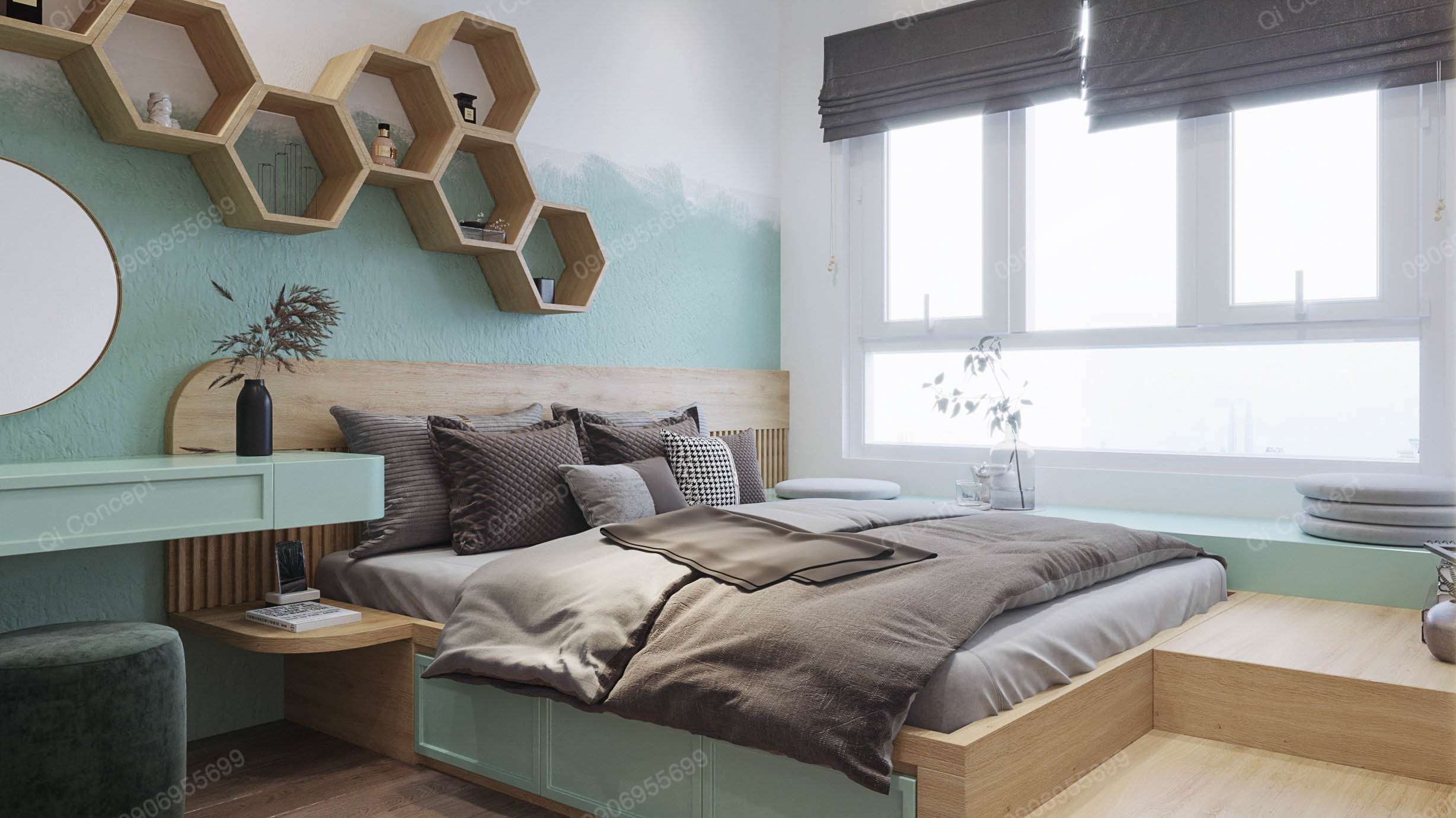 Phòng ngủ trong mẫu thiết kế nội thất căn hộ 1 phòng ngủ.