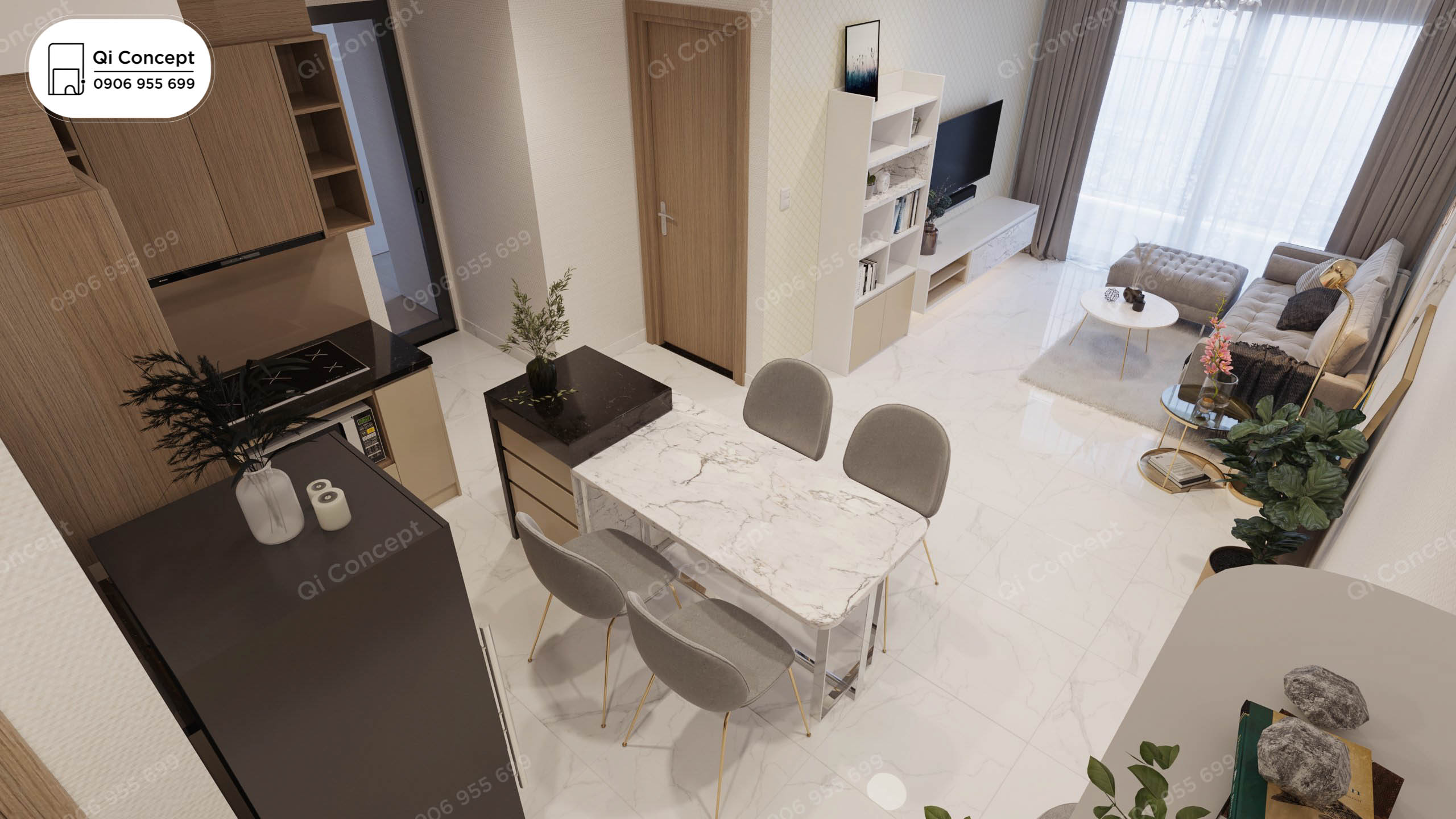 Toàn cảnh mẫu thiết kế nội thất căn hộ 1 phòng ngủ hiện đại.