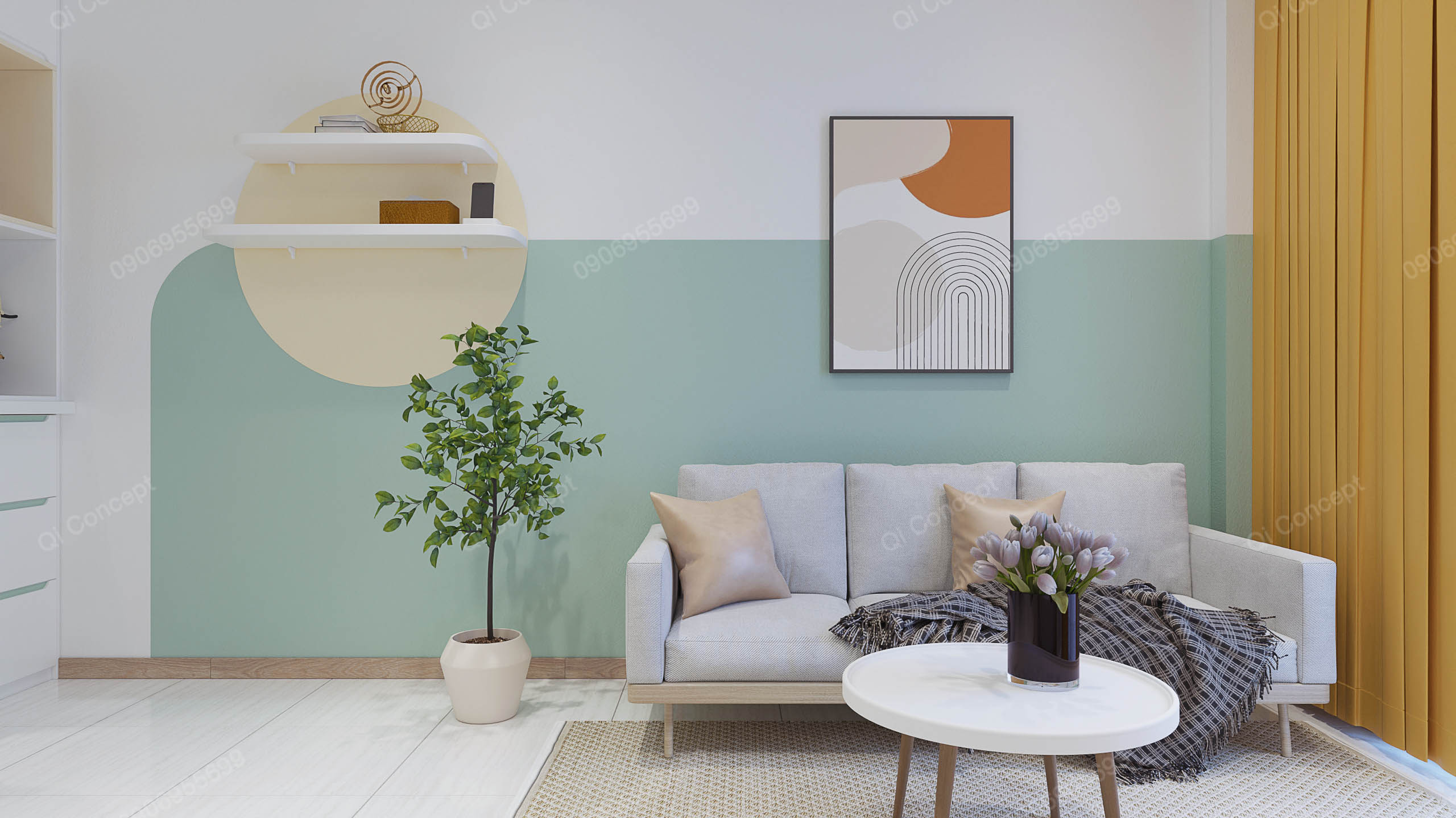 Mẫu thiết kế nội thất căn hộ 1 phòng ngủ với tường sơn color block.