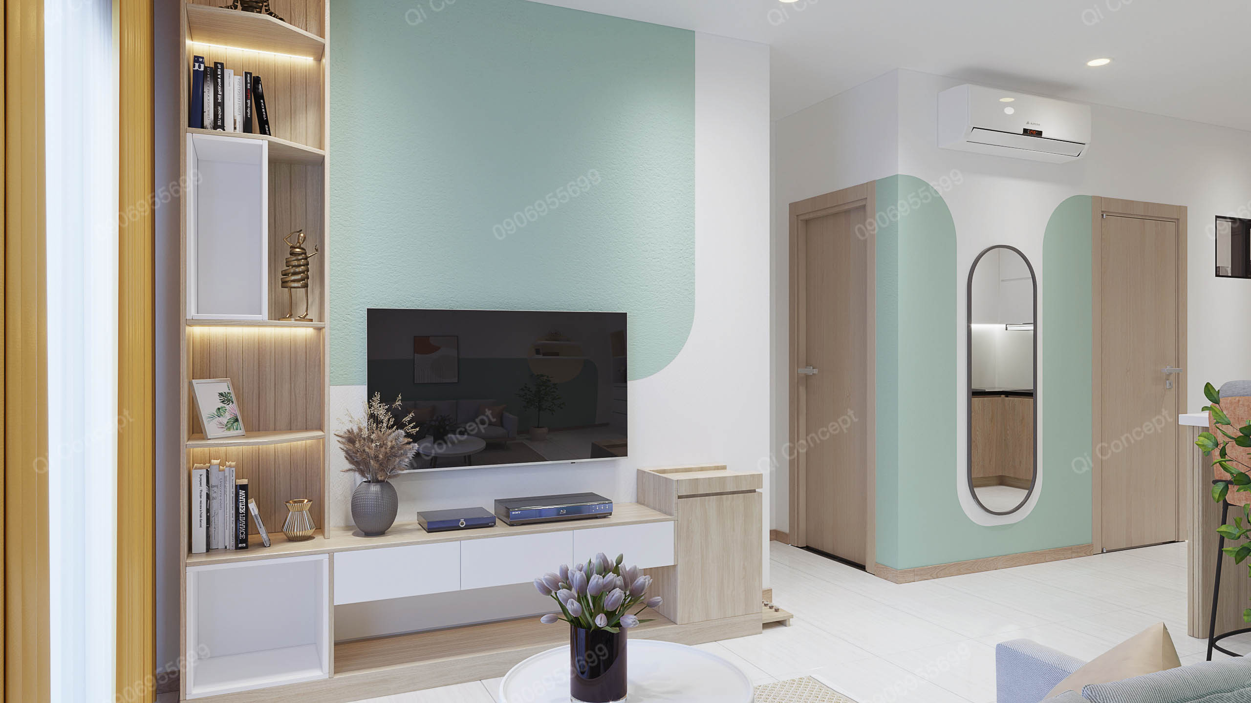 Kệ tivi trong mẫu thiết kế nội thất căn hộ 1 phòng ngủ.