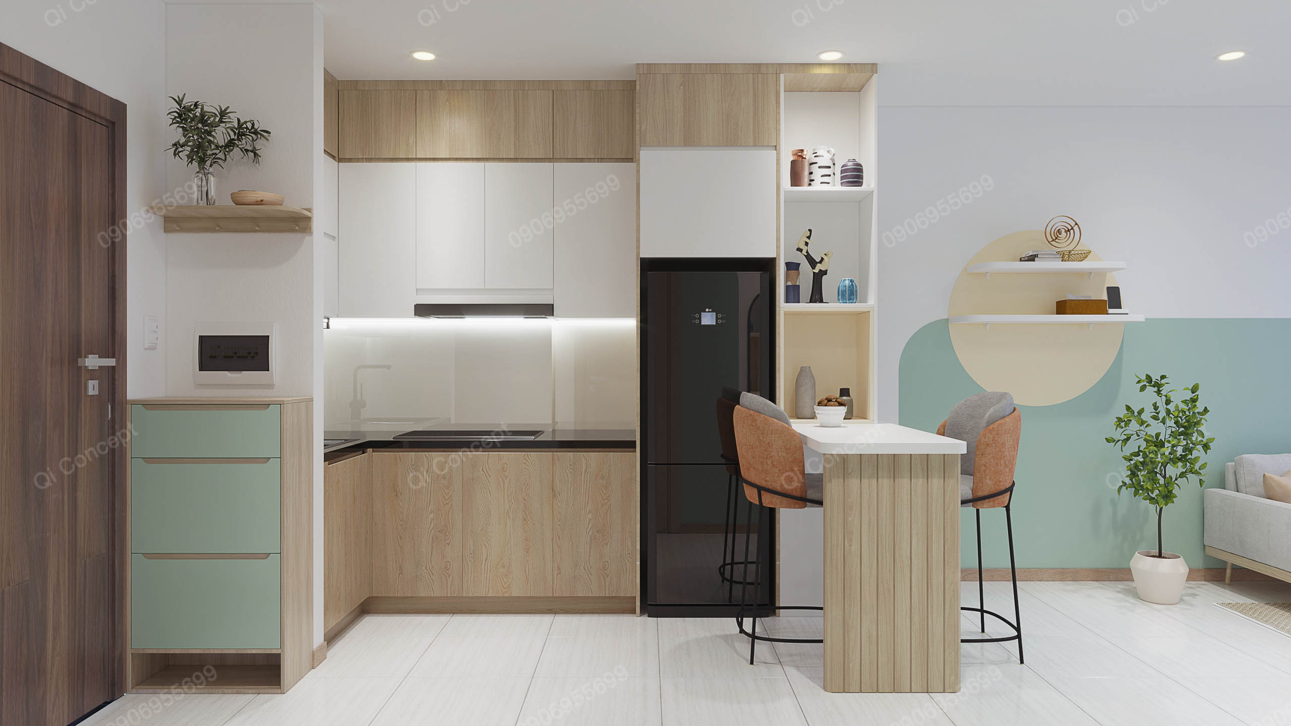 Khu vực bếp trong mẫu thiết kế nội thất căn hộ 1 phòng ngủ.