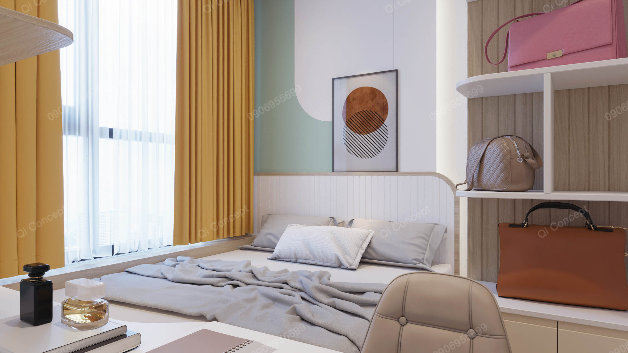 Phòng ngủ trong mẫu thiết kế nội thất căn hộ 1 phòng ngủ.