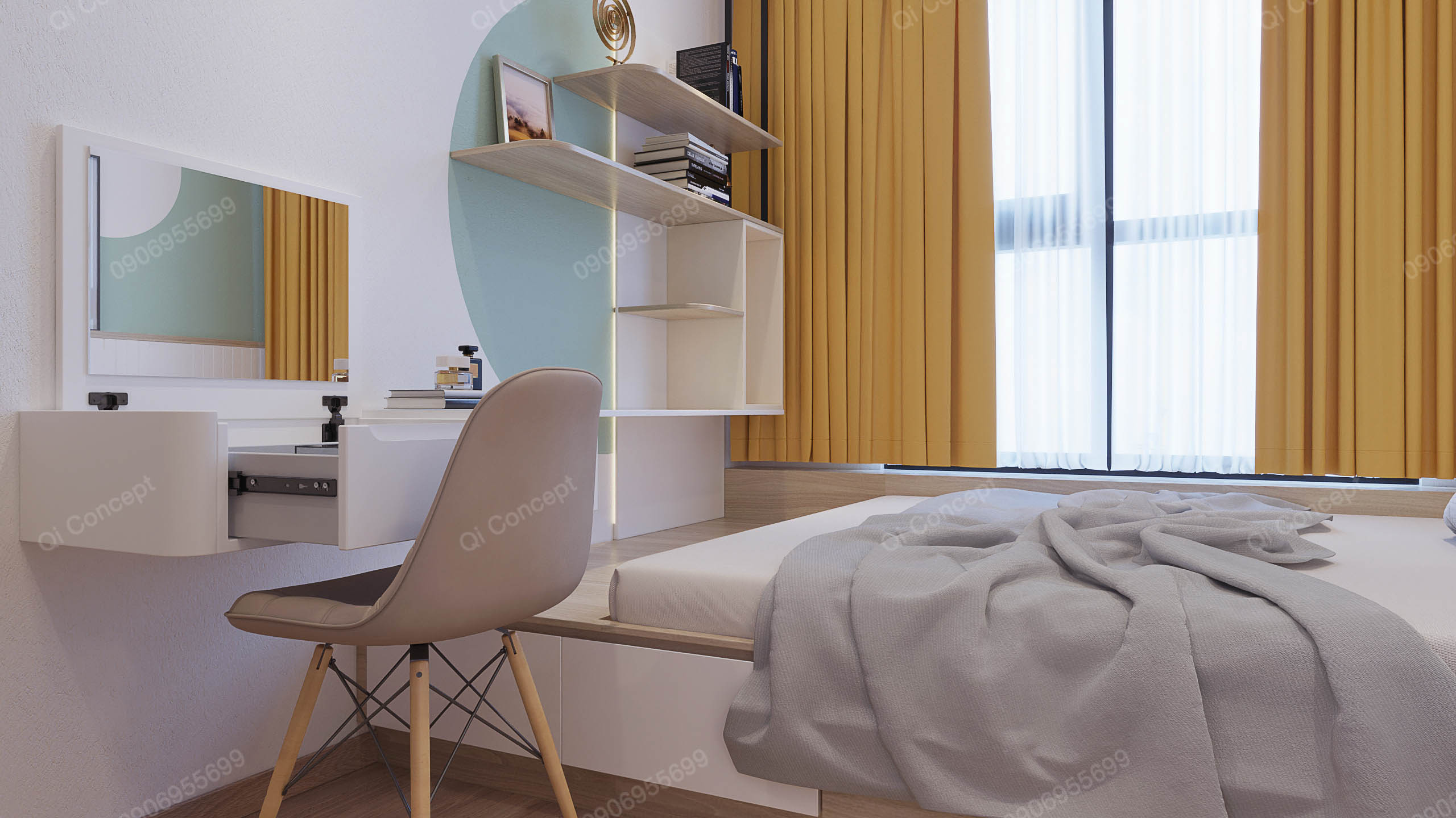 Bàn học và kệ sách trong phòng ngủ của mẫu thiết kế nội thất căn hộ 1 phòng ngủ.