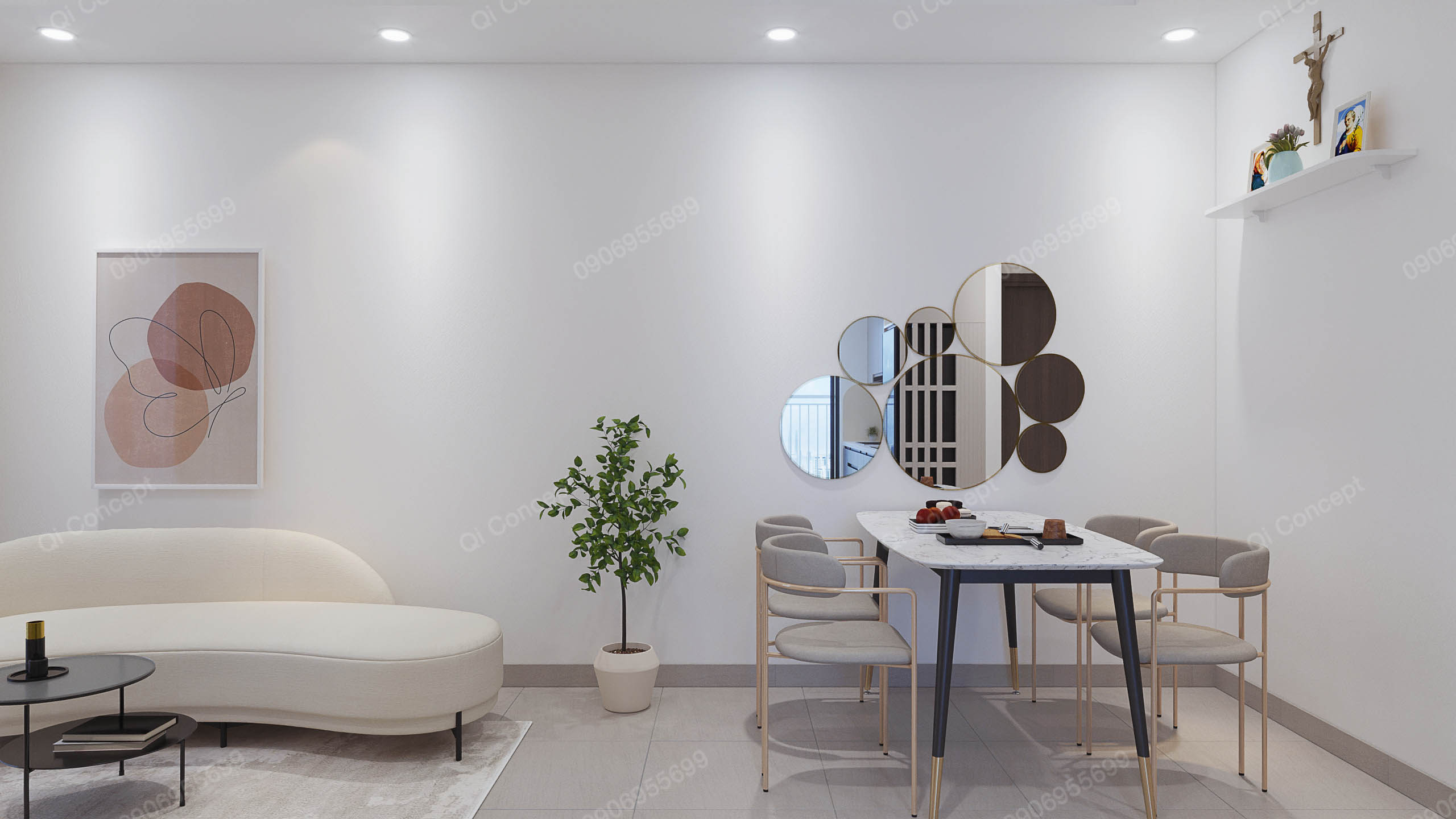 Khu vực phòng khách và bàn ăn trong mẫu thiết kế nội thất căn hộ 1 phòng ngủ.