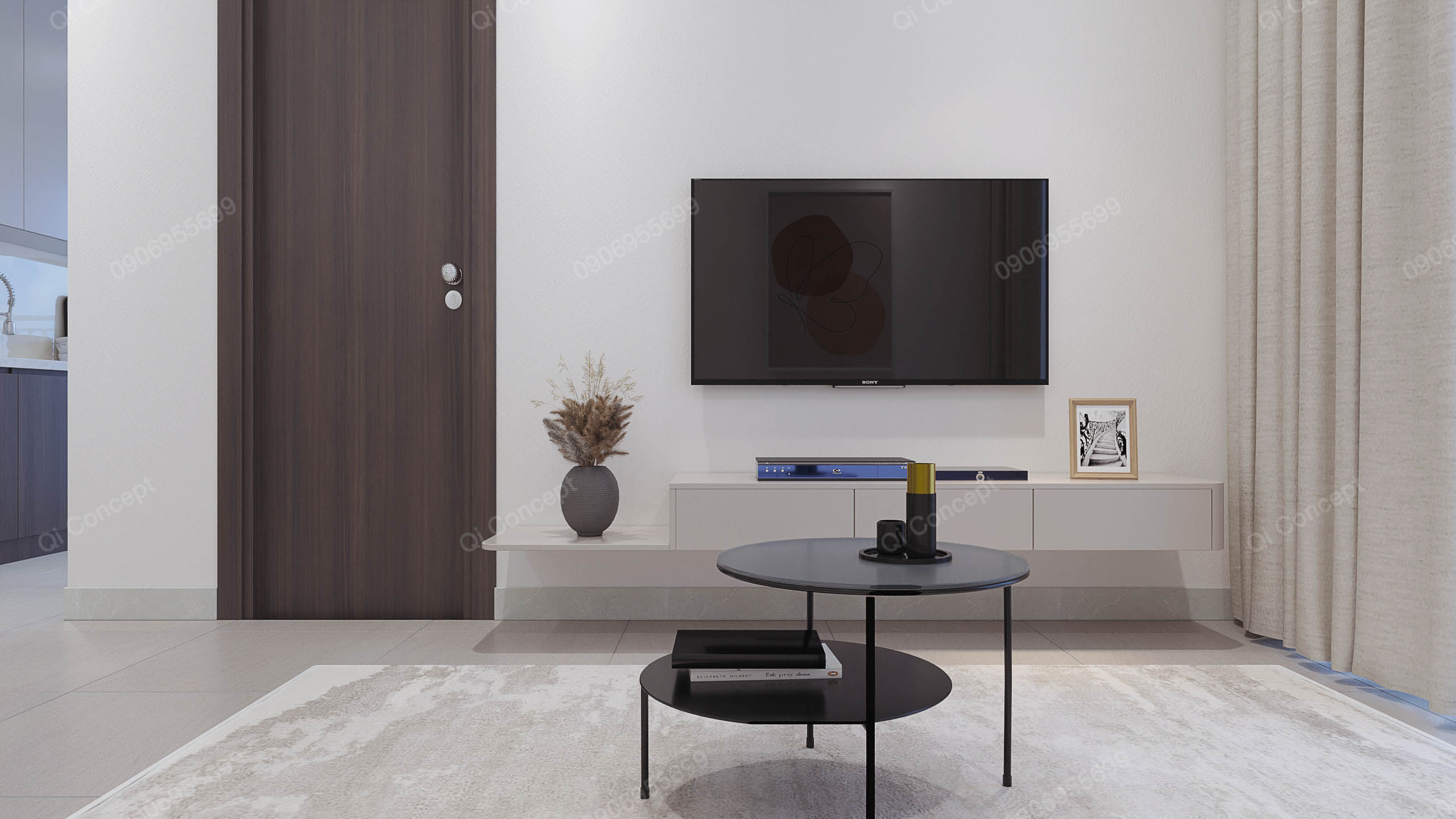 Phòng khách tối giản trong mẫu thiết kế nội thất căn hộ 1 phòng ngủ.