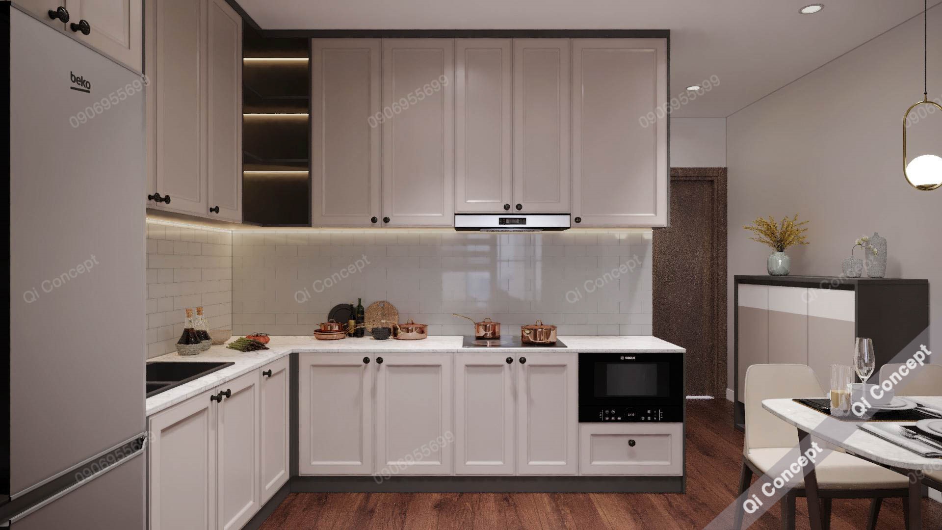 Thẻ ALT: Thiết kế phòng khách kết hợp bếp nhỏ gọn