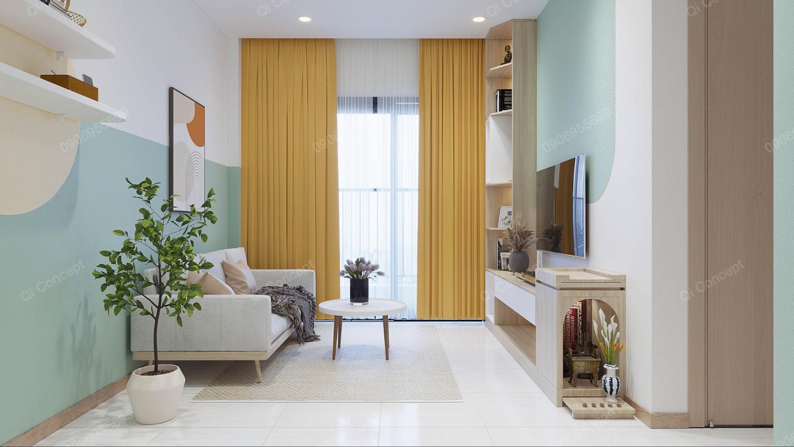 Sắc xanh, vàng, trắng trong căn phòng được bố trí hợp lý giúp gia chủ sở hữu một căn nhà độc lạ, riêng biệt
