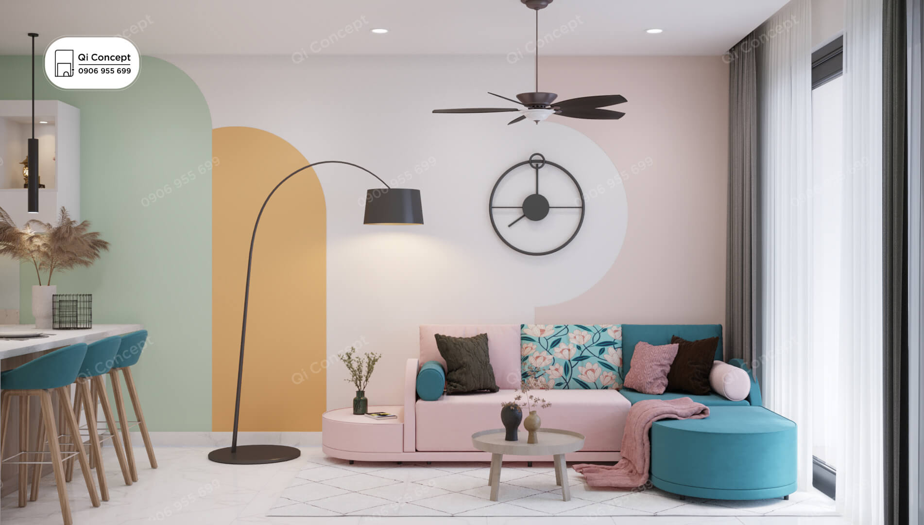 Thiết kế nội thất phong cách Color Block - Phòng khách và bếp.