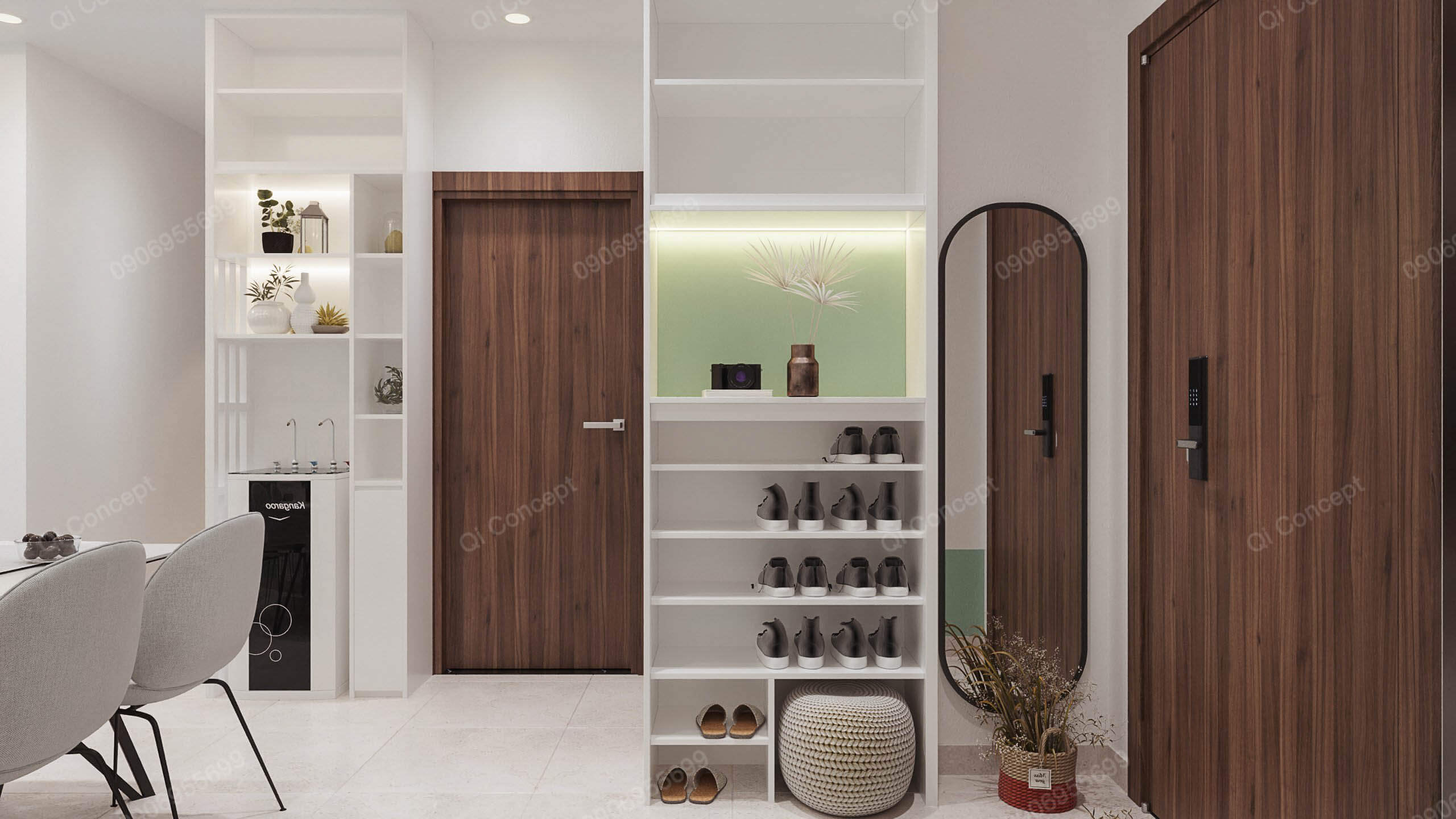 Thiết kế lối vào phong cách Color Block - Tủ giày và gương soi.