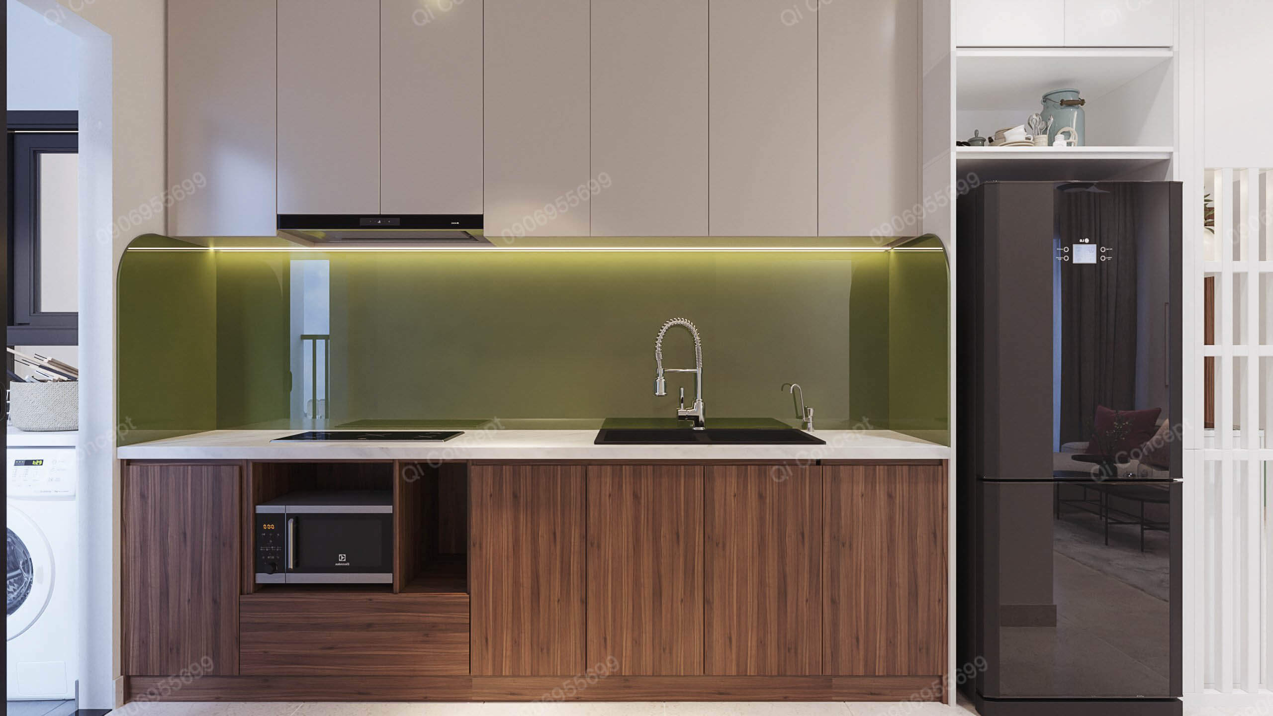 Thiết kế bếp phong cách Color Block - Tủ bếp trên và dưới đối lập màu sắc.