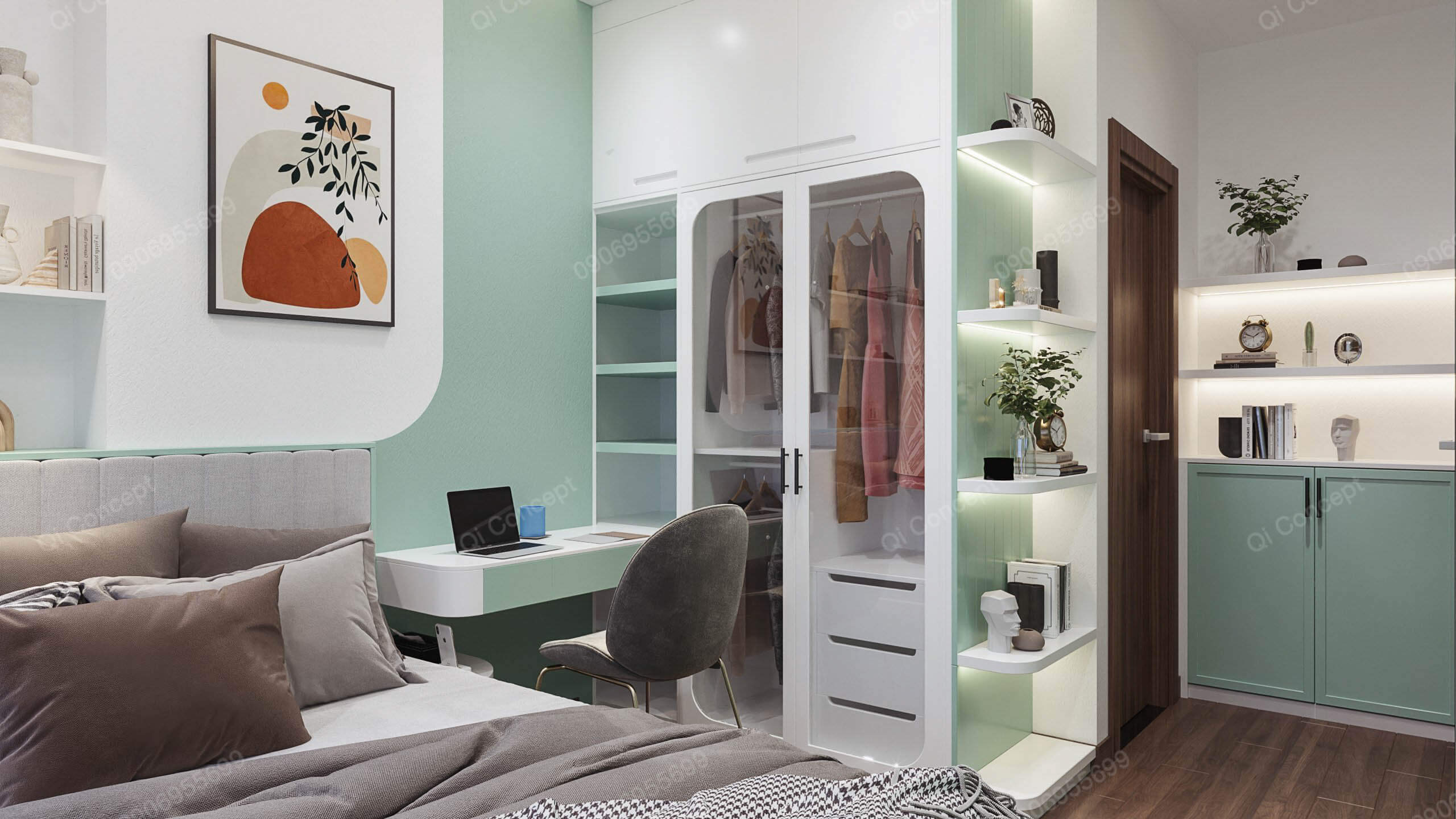 Thiết kế phòng ngủ phong cách Color Block - Tủ quần áo và bàn làm việc.