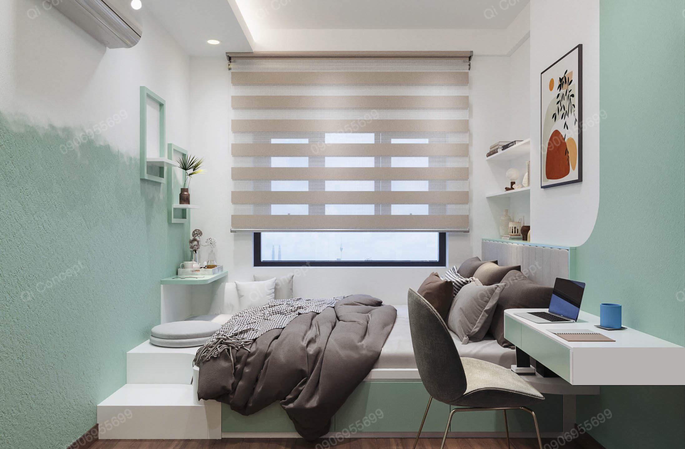 Thiết kế phòng ngủ phong cách Color Block - Giường bục và mảng tường màu xanh.