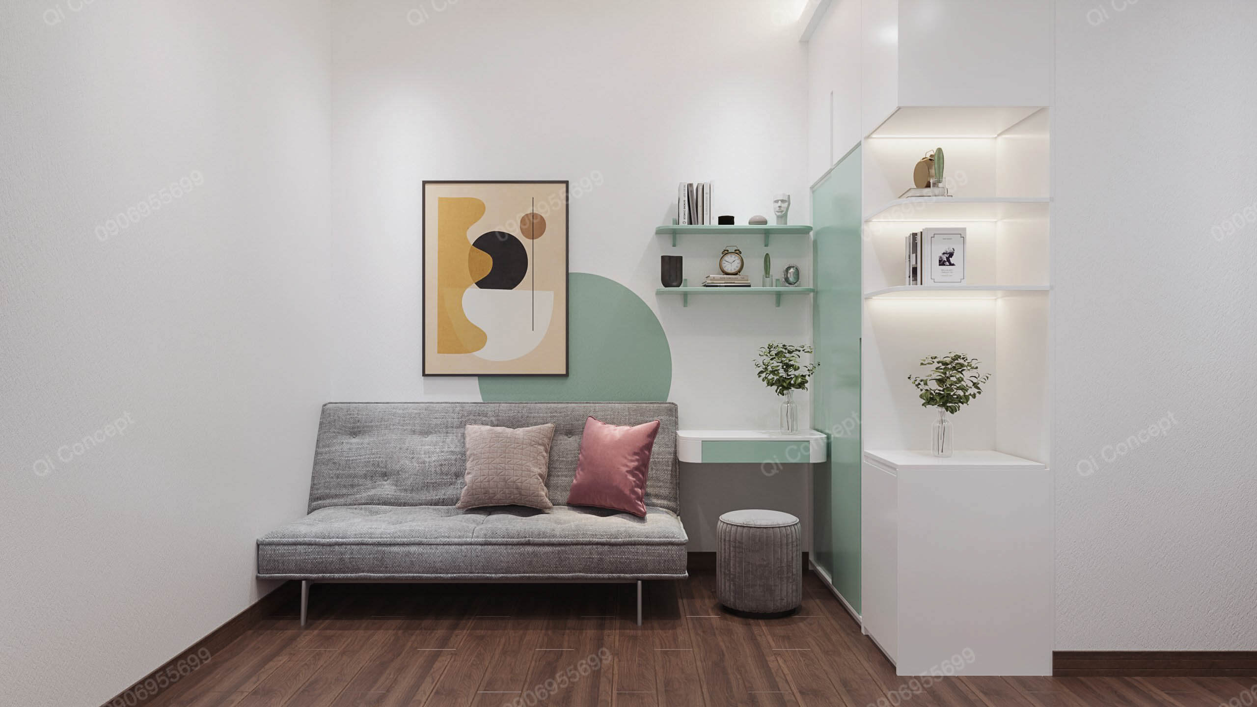 Góc thư giãn phong cách Color Block - Sofa và kệ trang trí.