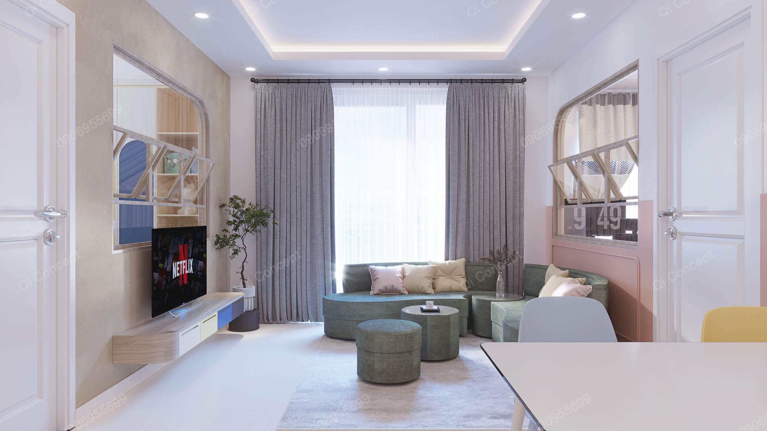 Thiết kế nội thất phòng khách phong cách Color Block - Sofa màu xanh độc đáo.