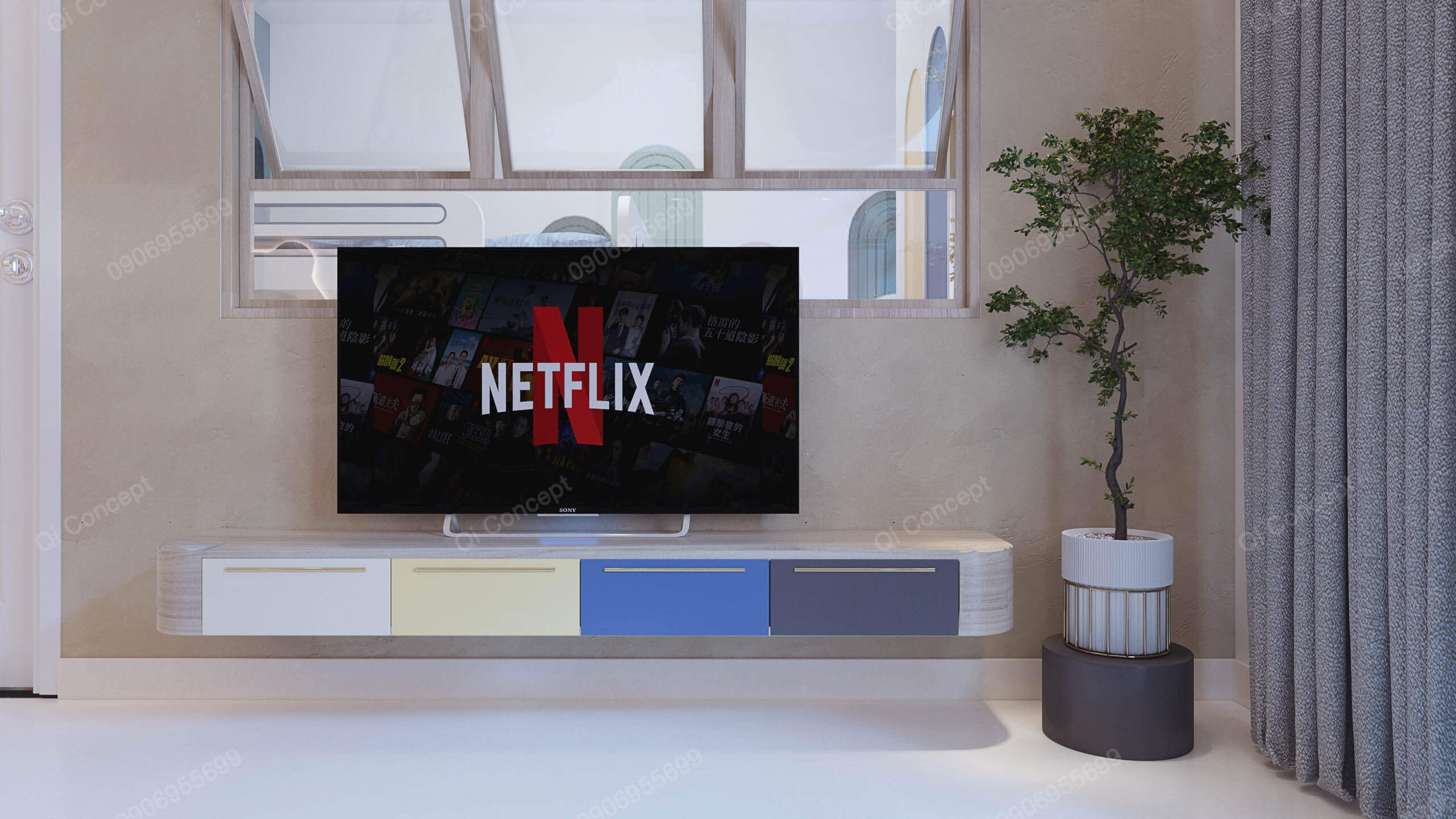 Tủ kệ tivi phòng khách phong cách Color Block - Ngăn tủ nhiều màu.