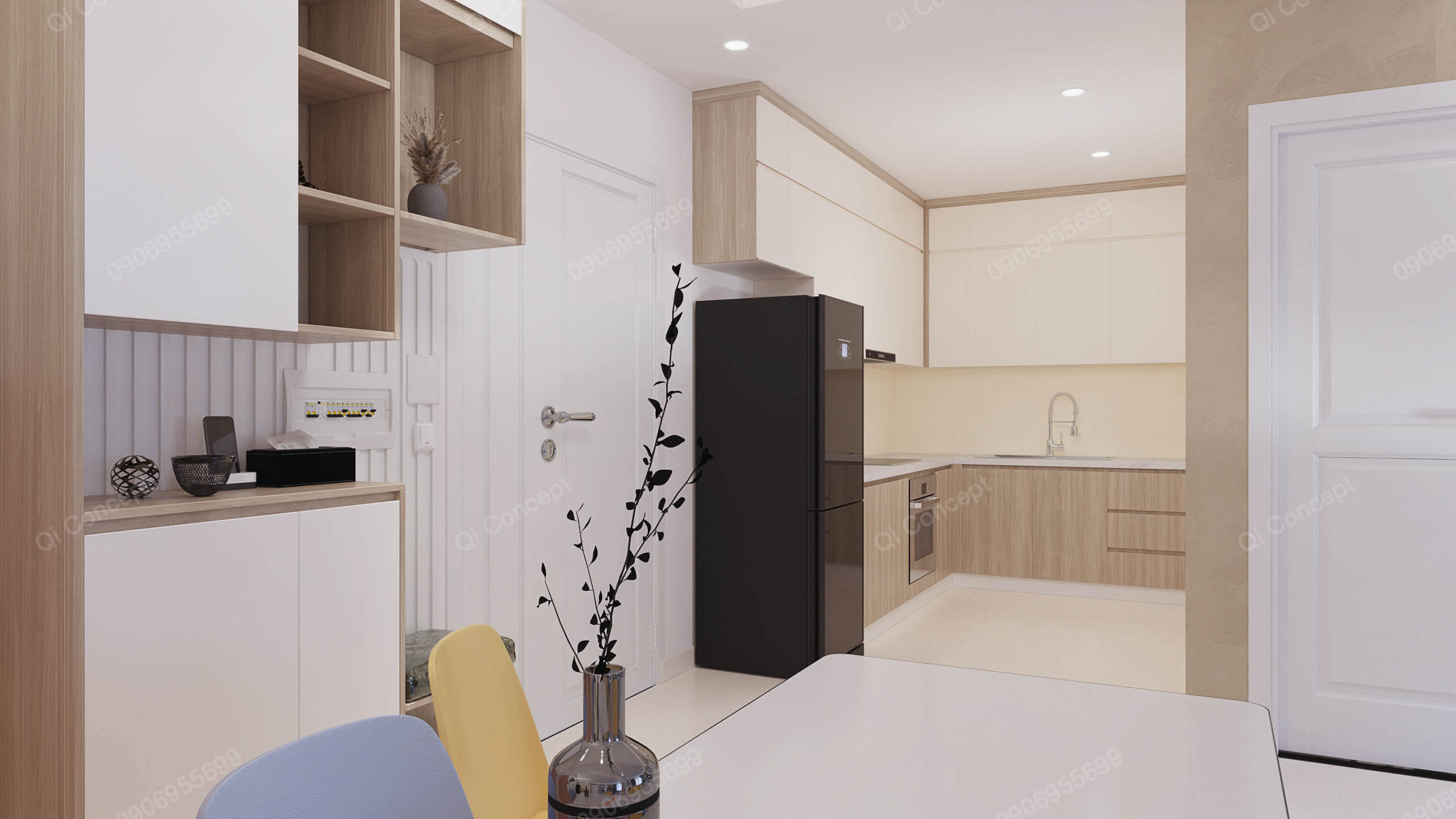 Thiết kế bếp phong cách Color Block - Tủ bếp màu trắng và gỗ.