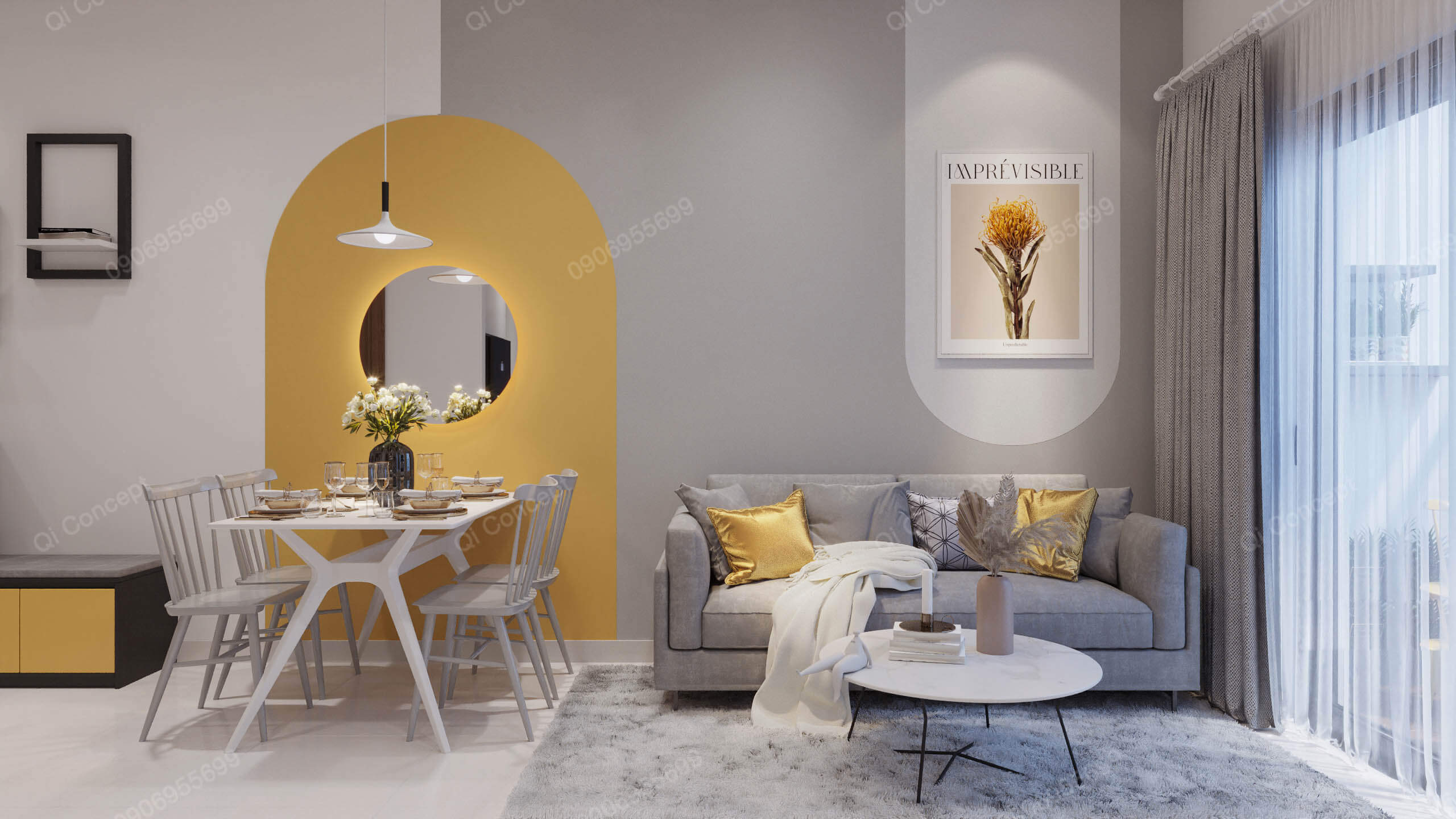 Khu vực bàn ăn và phòng khách phong cách Color Block - Thiết kế hiện đại.