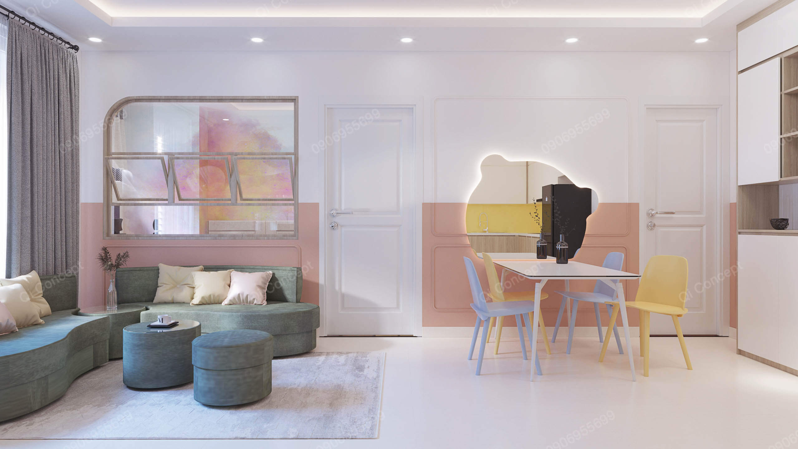 Không gian sống phong cách Color Block - Phòng khách và bàn ăn.